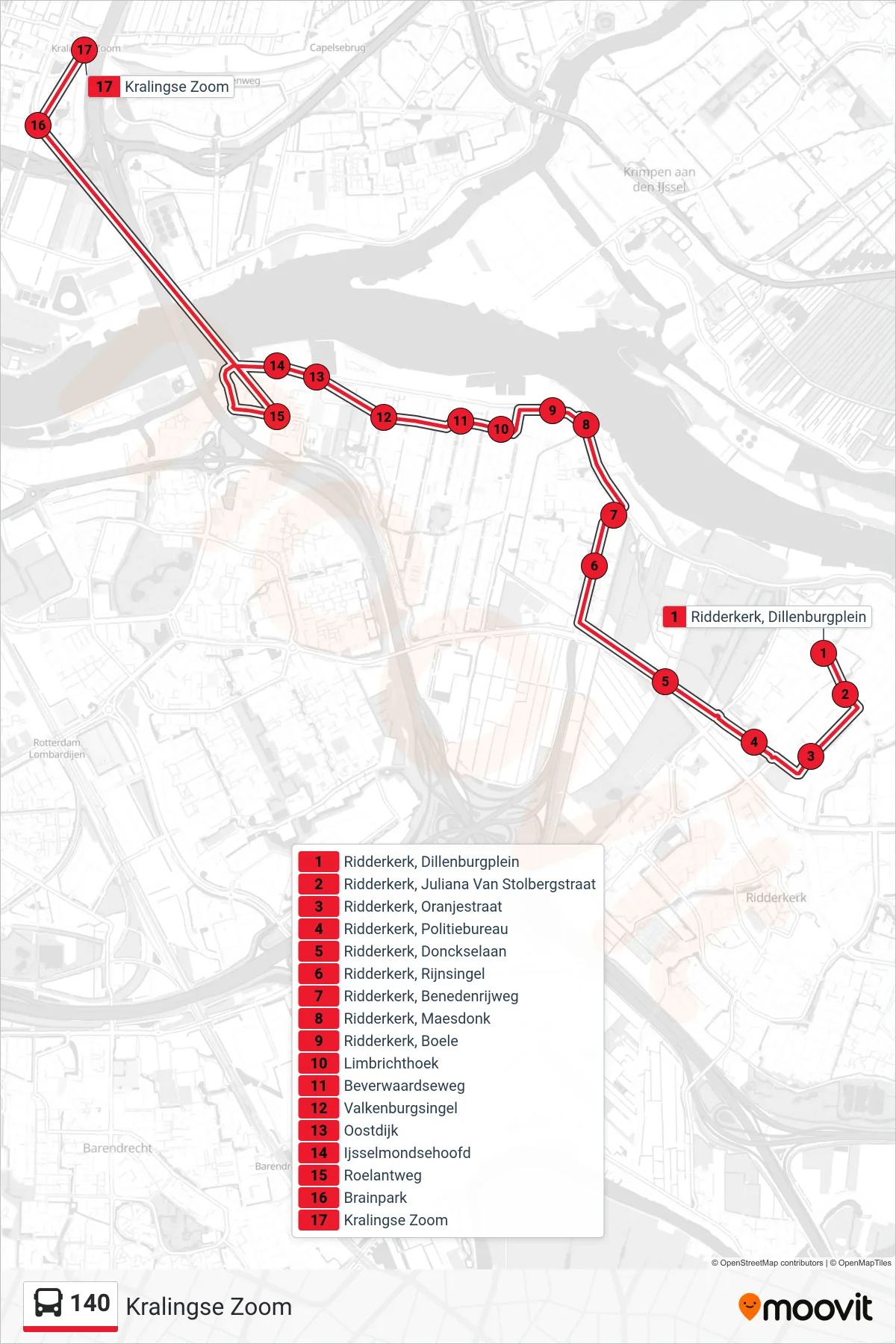 Lijn 140 (bus, Kralingse Zoom): route en haltes op de kaart