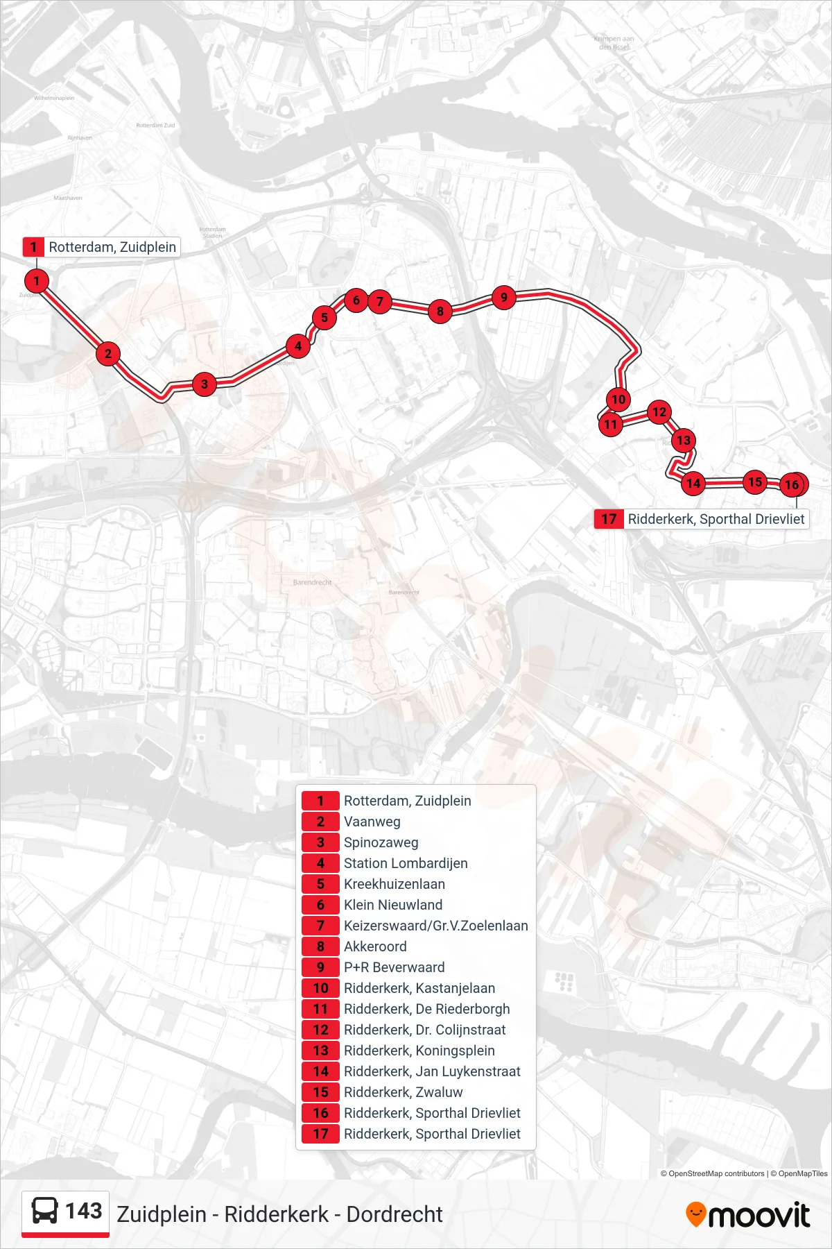 Lijn 143 (bus, Ridderkerk Drievliet): route en haltes op de kaart