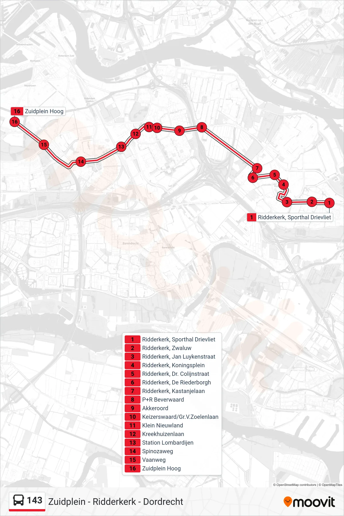 Lijn 143 (bus, Zuidplein): route en haltes op de kaart