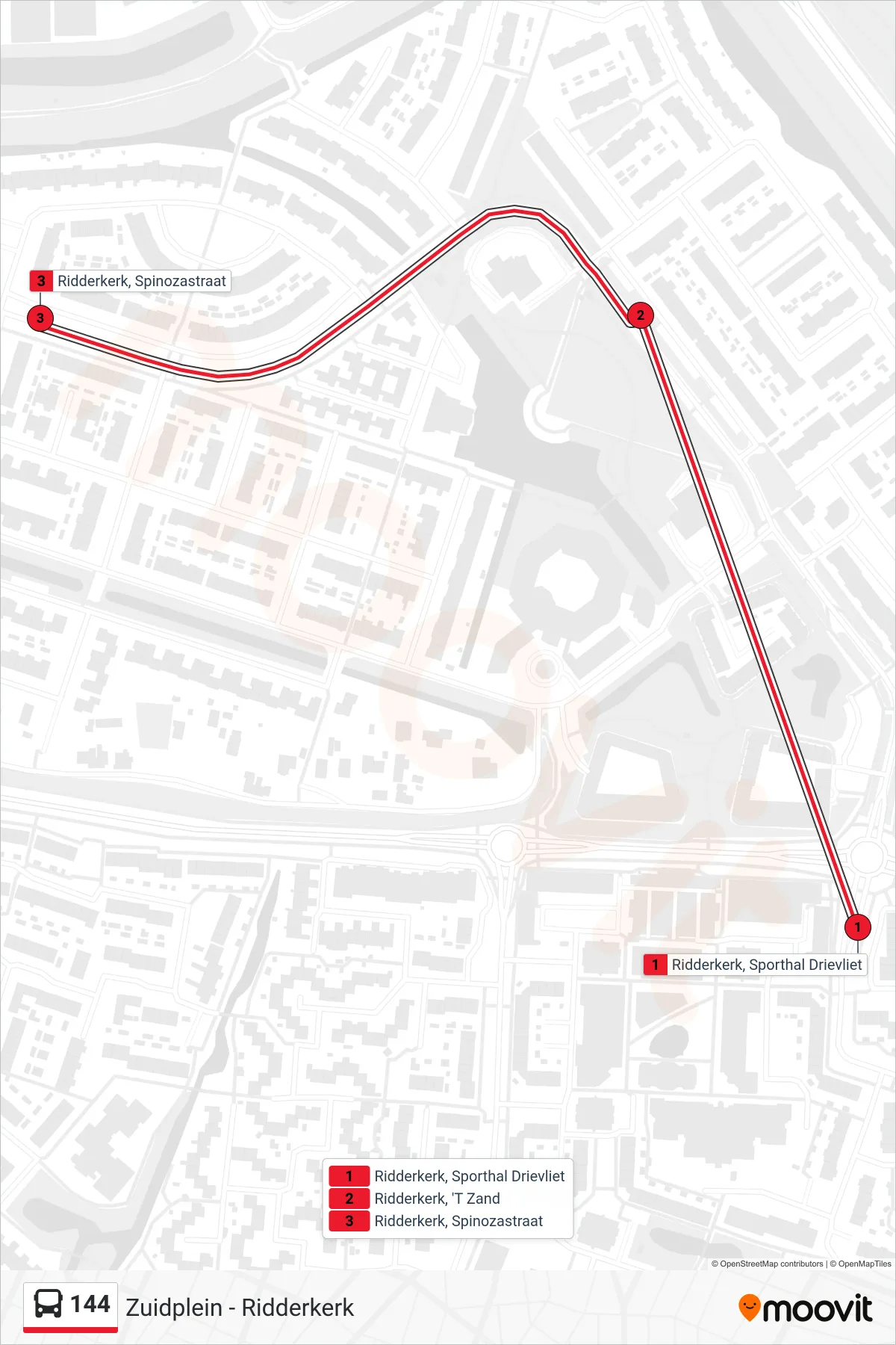 144 bus Line (Ridderkerk) route and stops on a map