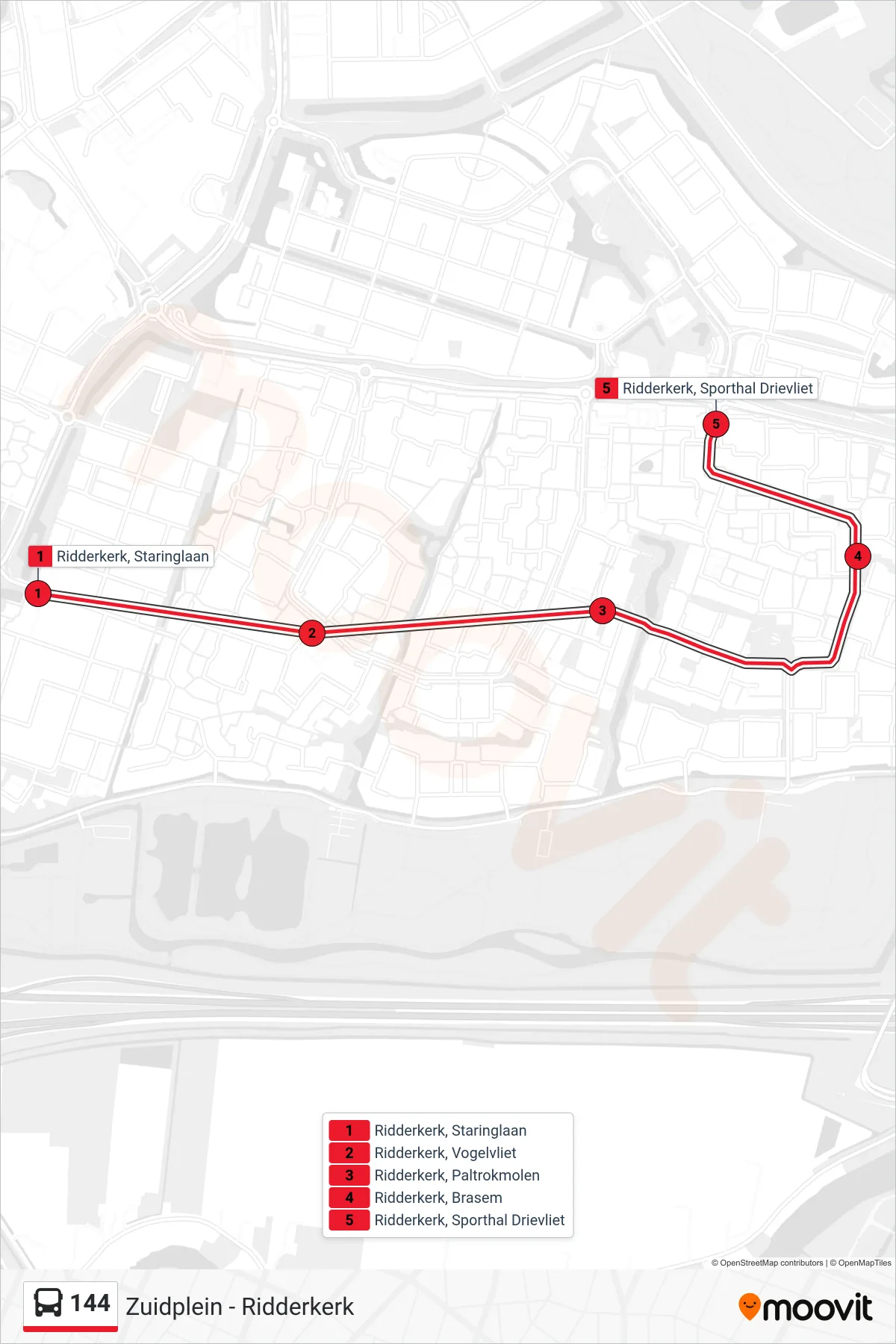 144 bus Line (Ridderkerk) route and stops on a map