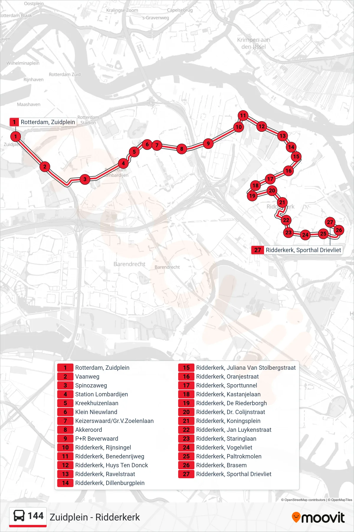 Lijn 144 (bus, Ridderkerk Drievliet): route en haltes op de kaart