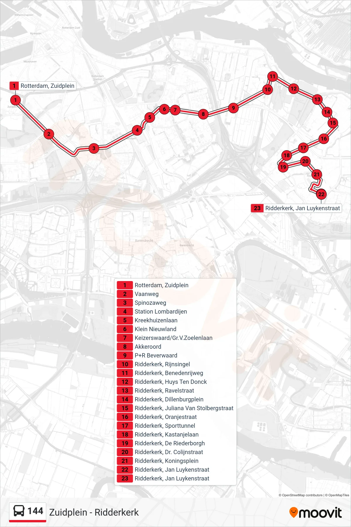 Linie 144 (Bus) Richtung Ridderkerk Jan Luykenstr: Route und Haltestellen auf der Karte