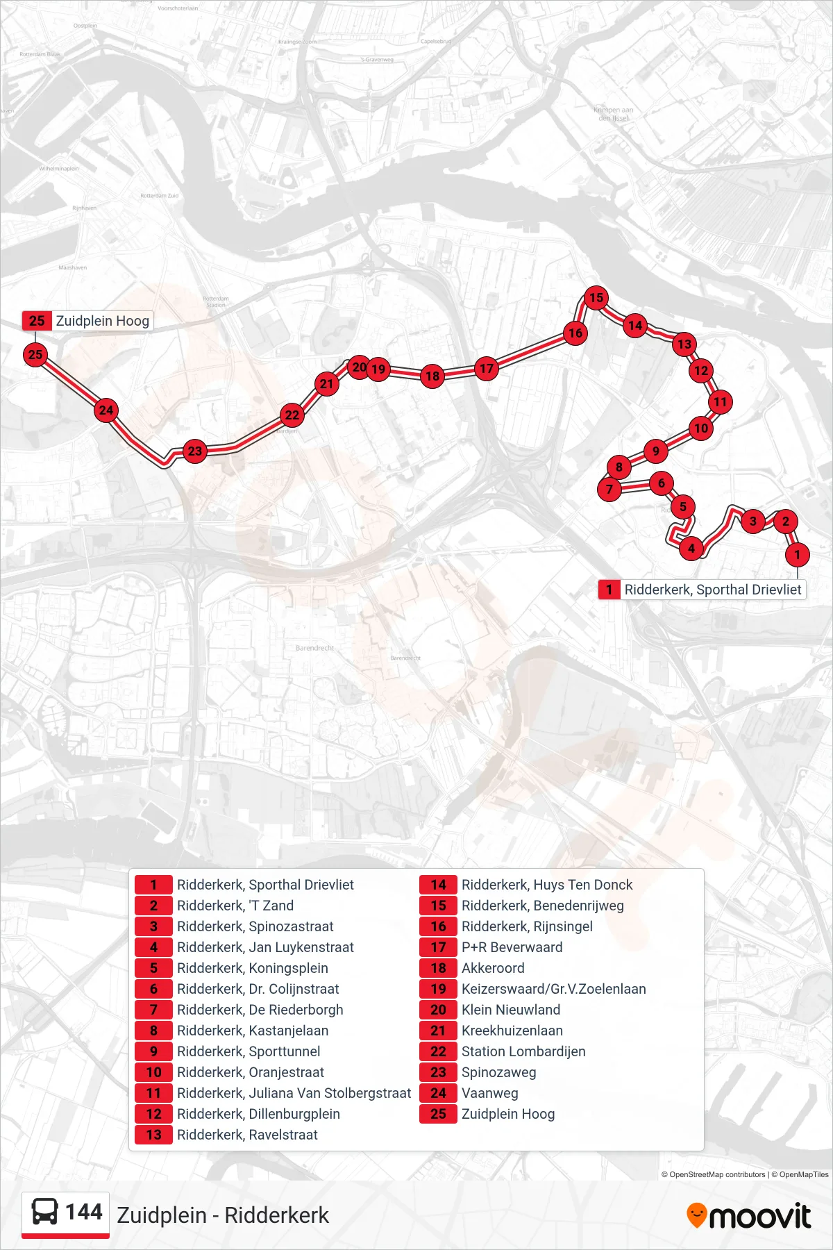 Lijn 144 (bus, Zuidplein): route en haltes op de kaart