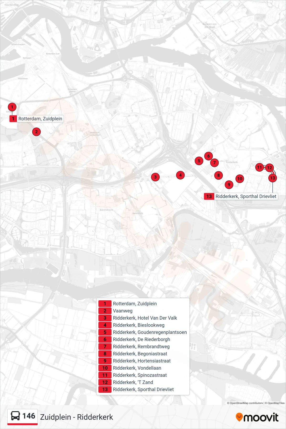 Lijn 146 (bus, Ridderkerk (Sneldienst)): route en haltes op de kaart