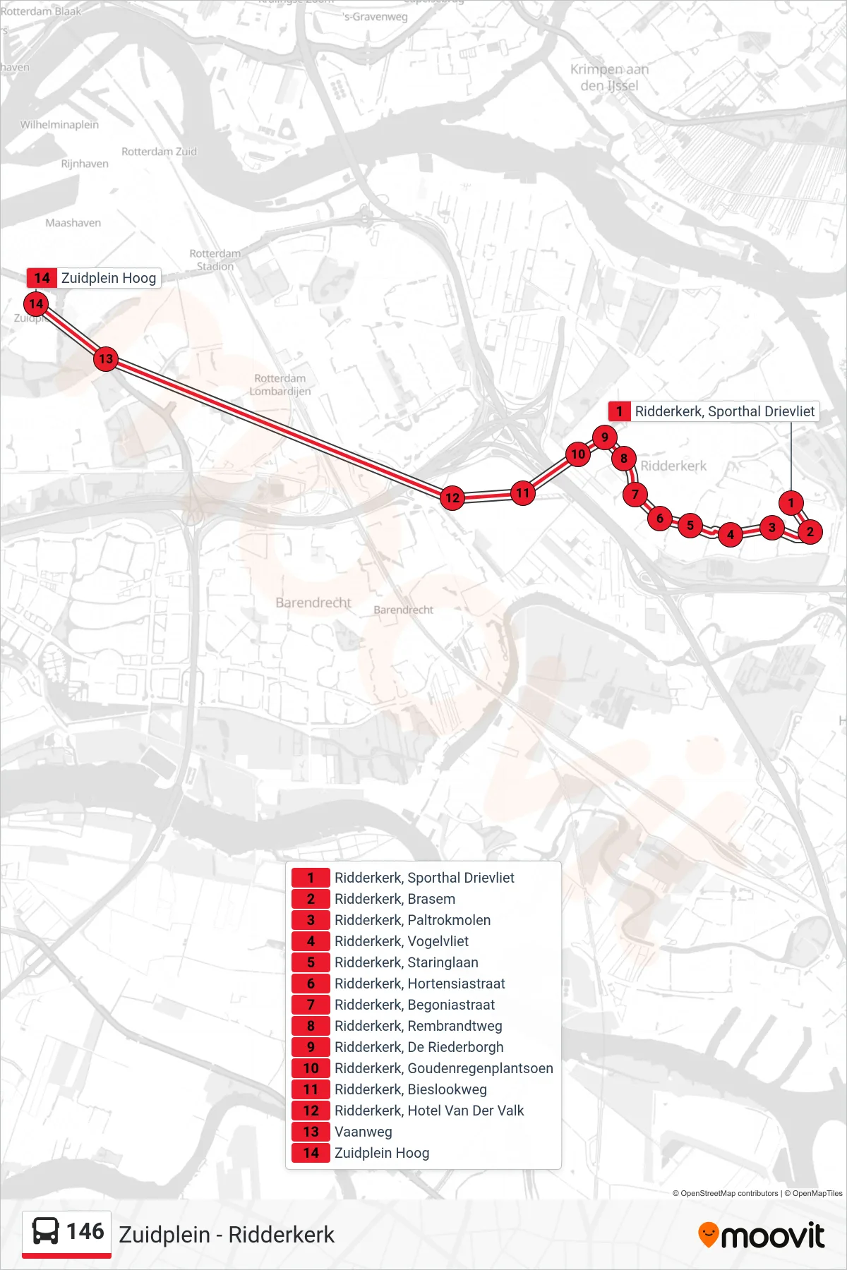 Lijn 146 (bus, Zuidplein): route en haltes op de kaart