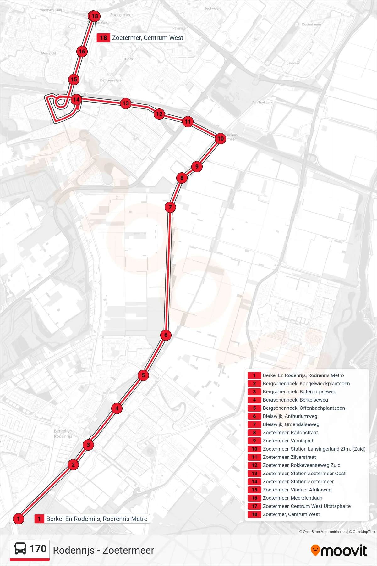 Lijn 170 (bus, Zoetermeer Centrum West): route en haltes op de kaart