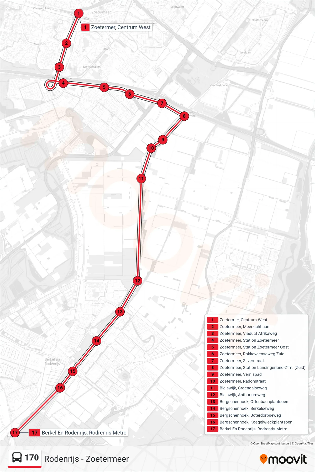 Lijn 170 (bus, Rodenrijs Metro): route en haltes op de kaart