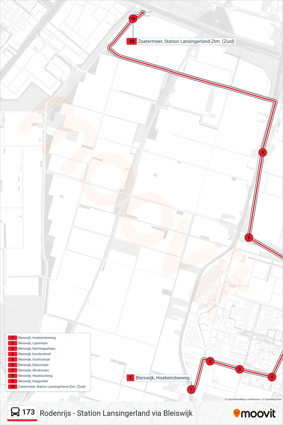 Lijn 173 (bus, Station Lansingerland): route en haltes op de kaart
