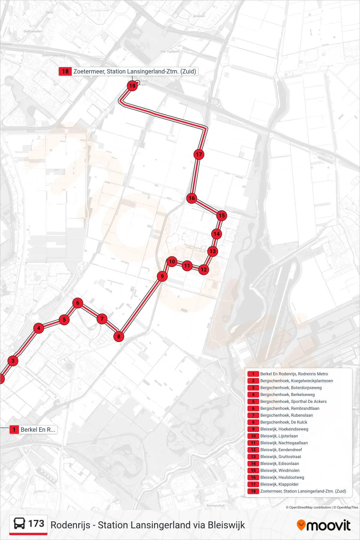 Lijn 173 (bus, Station Lansingerland VI): route en haltes op de kaart