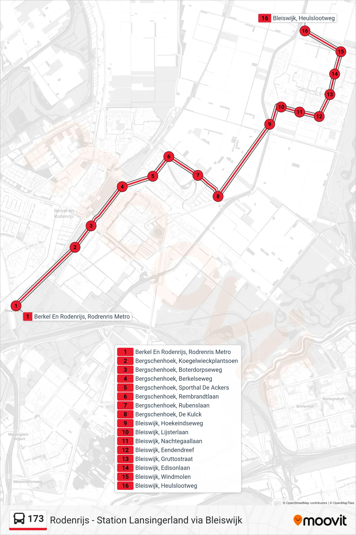 Lijn 173 (bus, Bleiswijk): route en haltes op de kaart