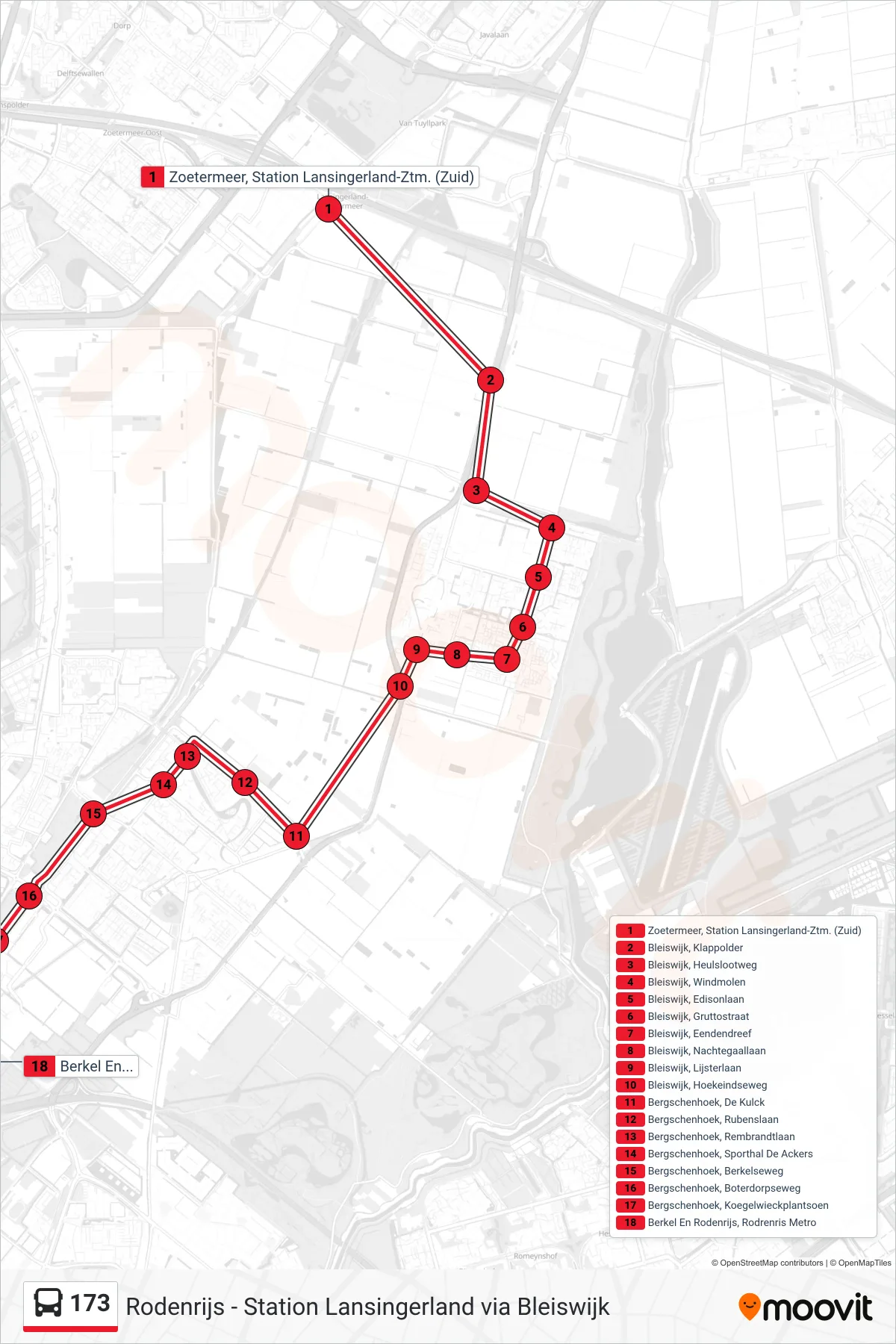 Lijn 173 (bus, Rodenrijs Metro): route en haltes op de kaart