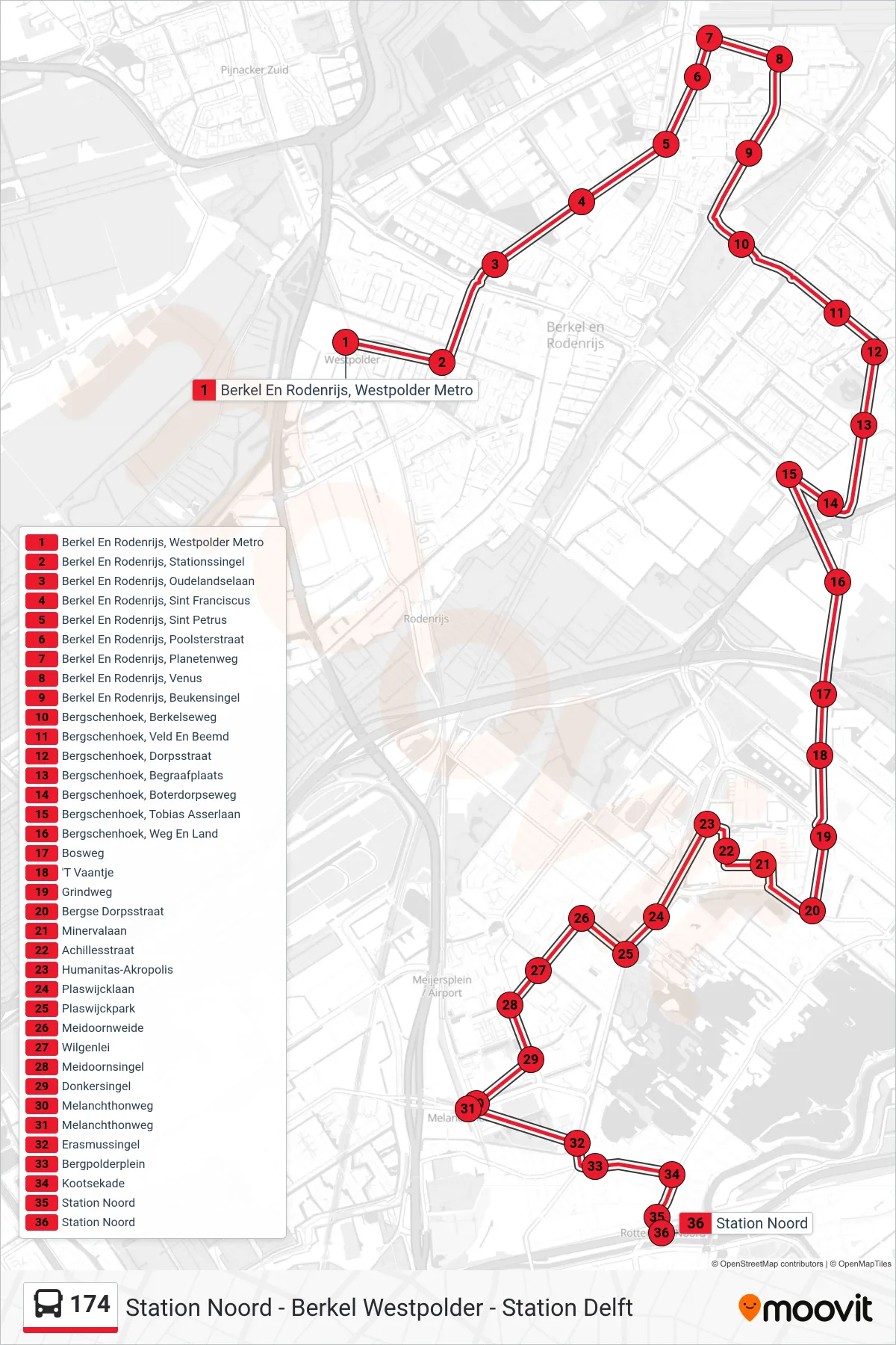 Lijn 174 (bus, Station Noord): route en haltes op de kaart