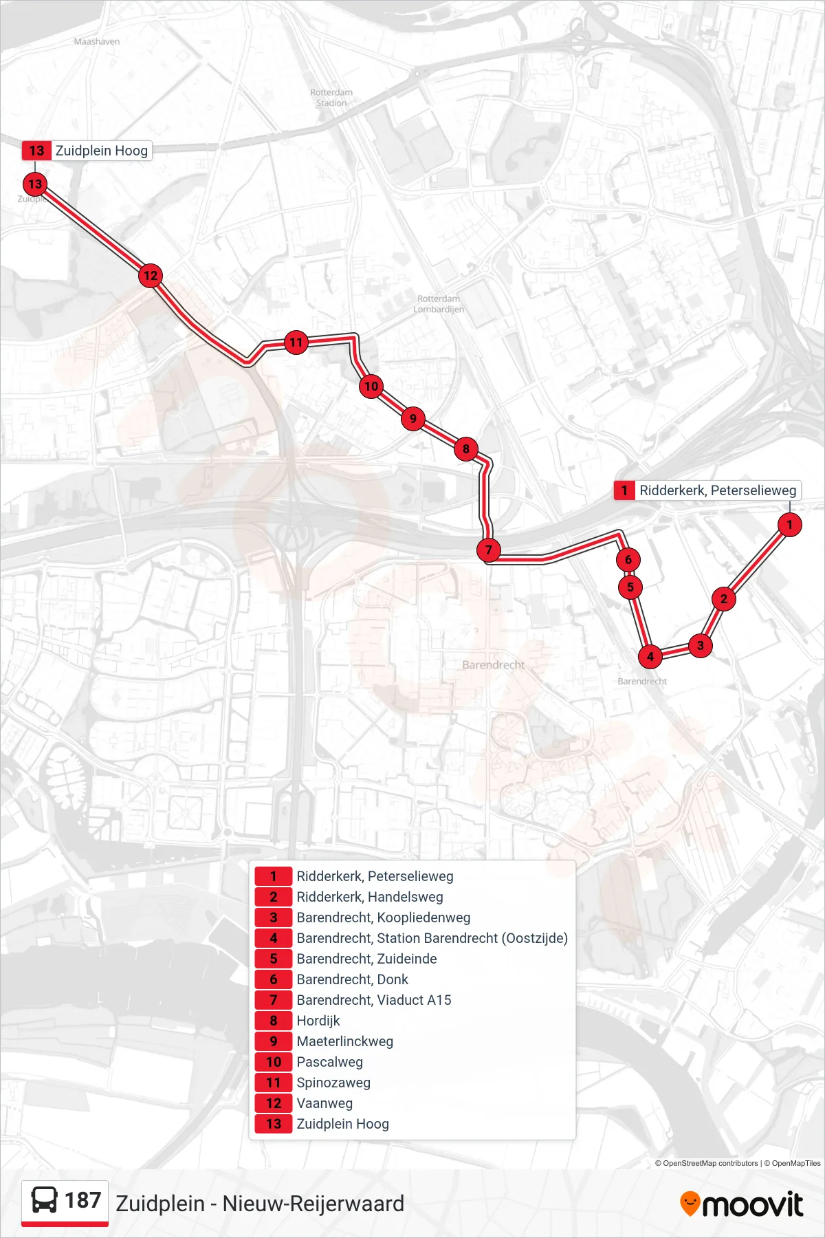 Lijn 187 (bus, Zuidplein): route en haltes op de kaart