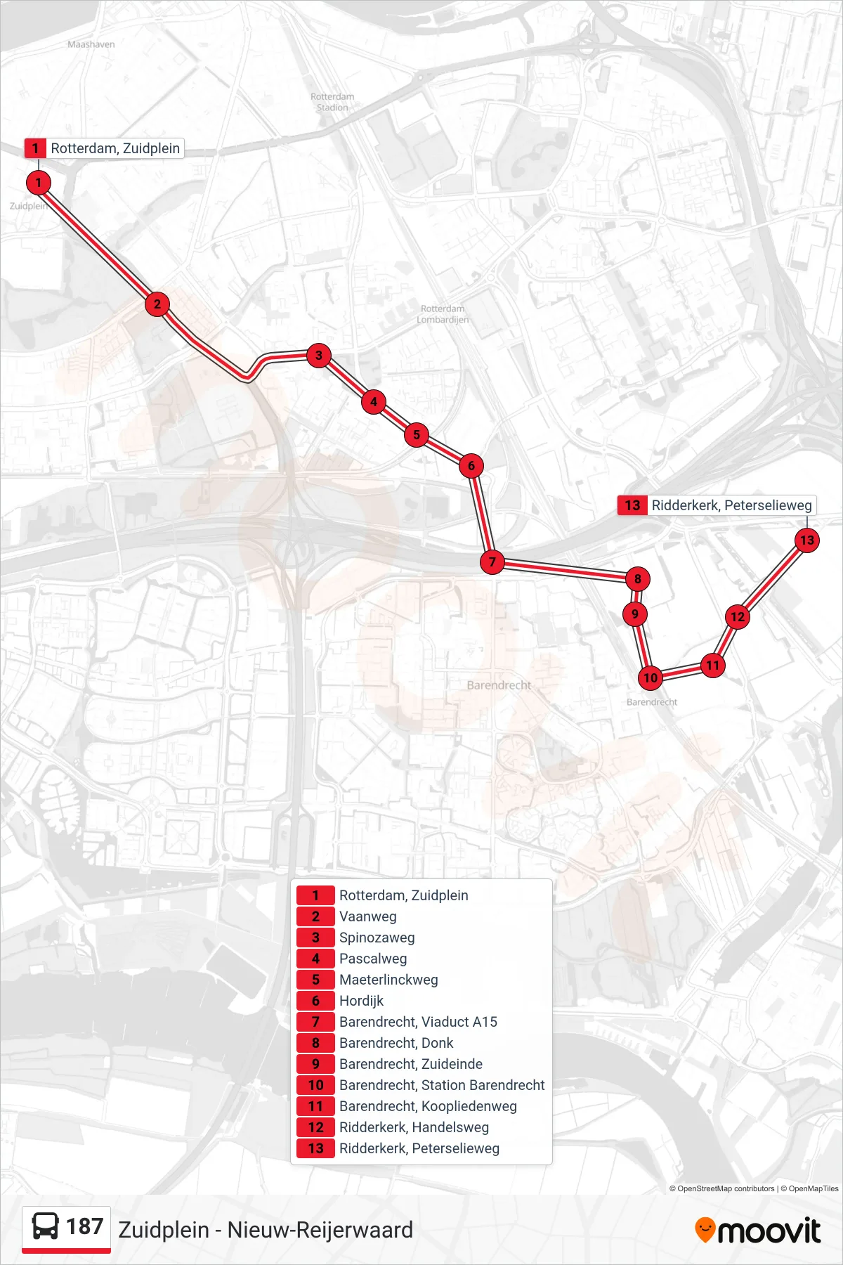 Linie 187 (Bus) Richtung Nieuw-Reijerwaard: Route und Haltestellen auf der Karte