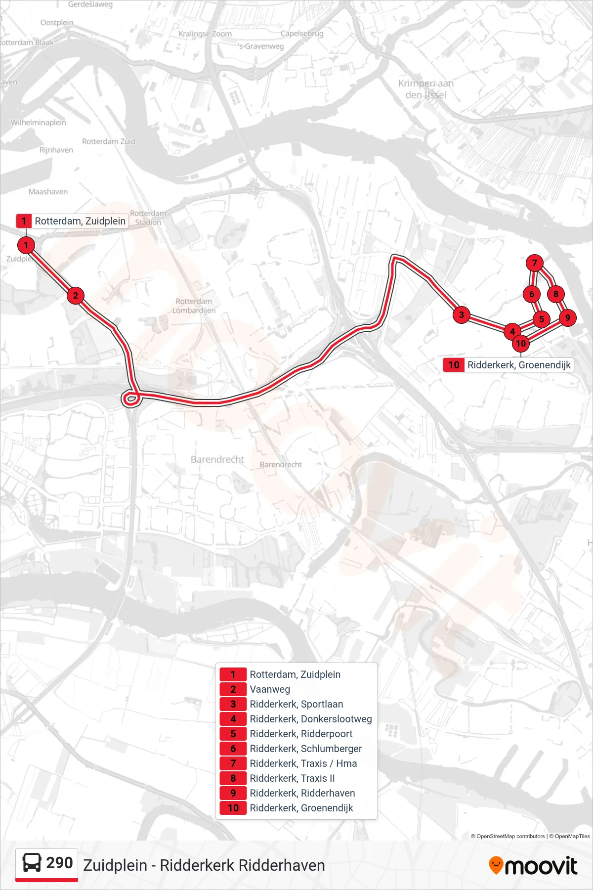 Lijn 290 (bus, Ridderkerk Donkersloot): route en haltes op de kaart