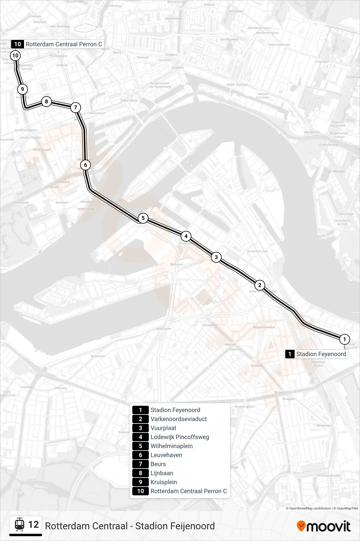 Lijn 12 (tram, Rotterdam Centraal): route en haltes op de kaart