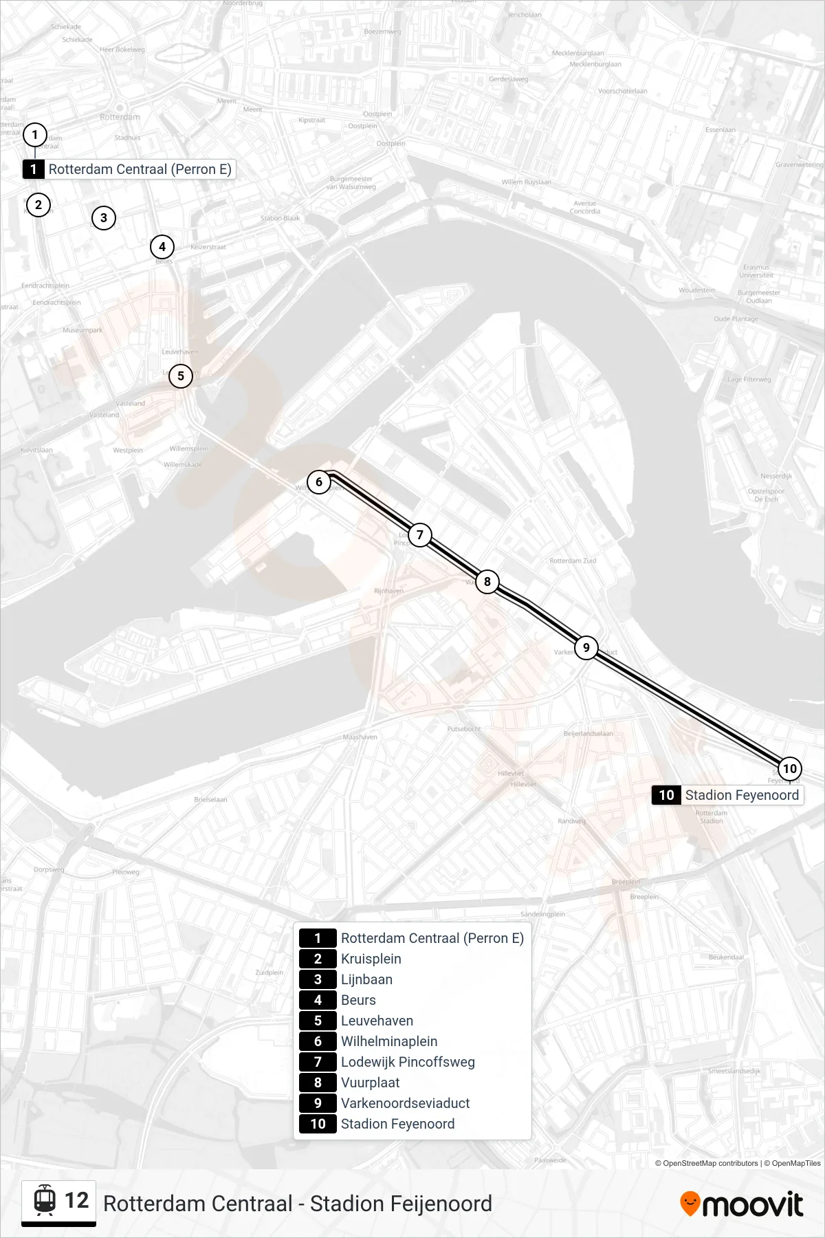 Lijn 12 (tram, Stadion Feyenoord): route en haltes op de kaart