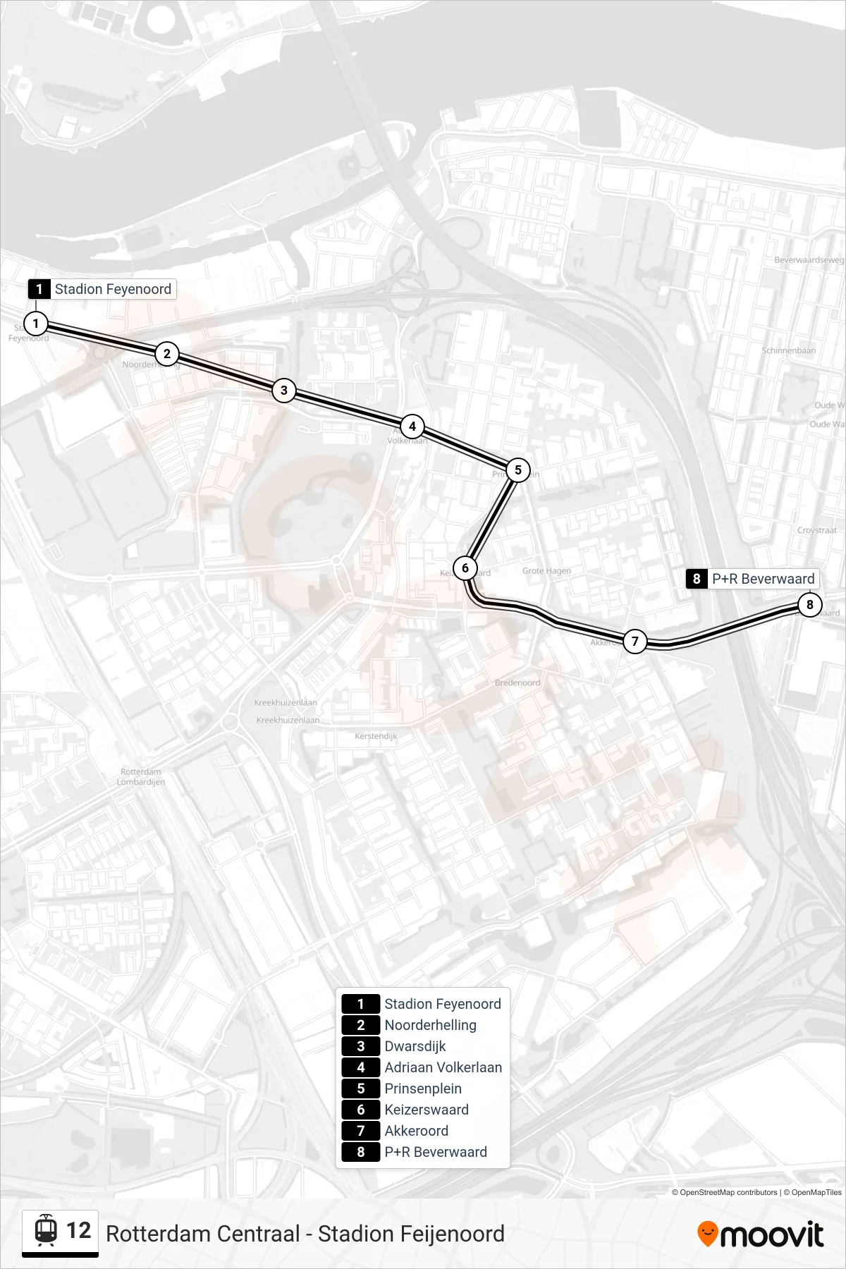 Lijn 12 (tram, P+R Beverwaard): route en haltes op de kaart