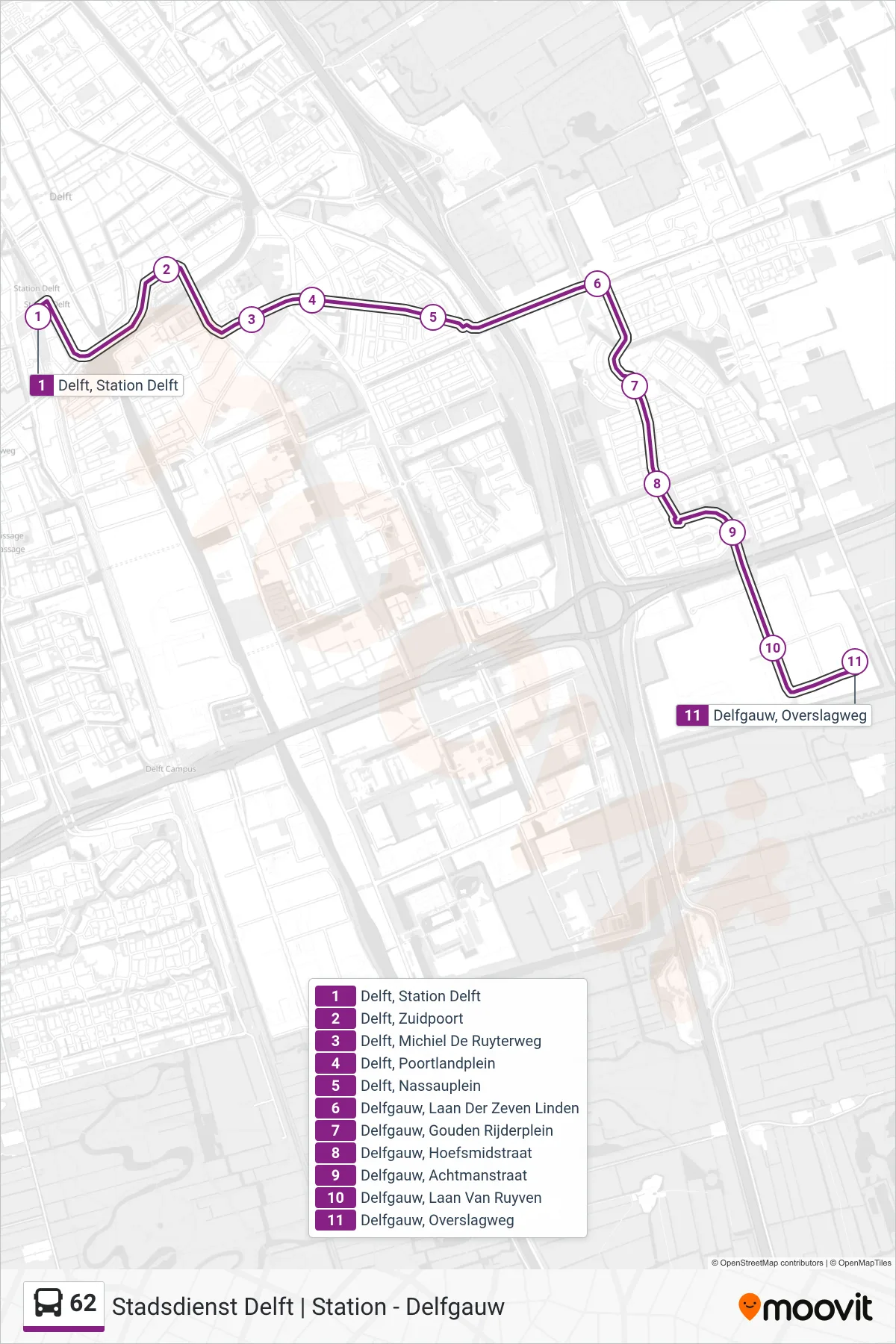 Lijn 62 (bus, Delfgauw): route en haltes op de kaart