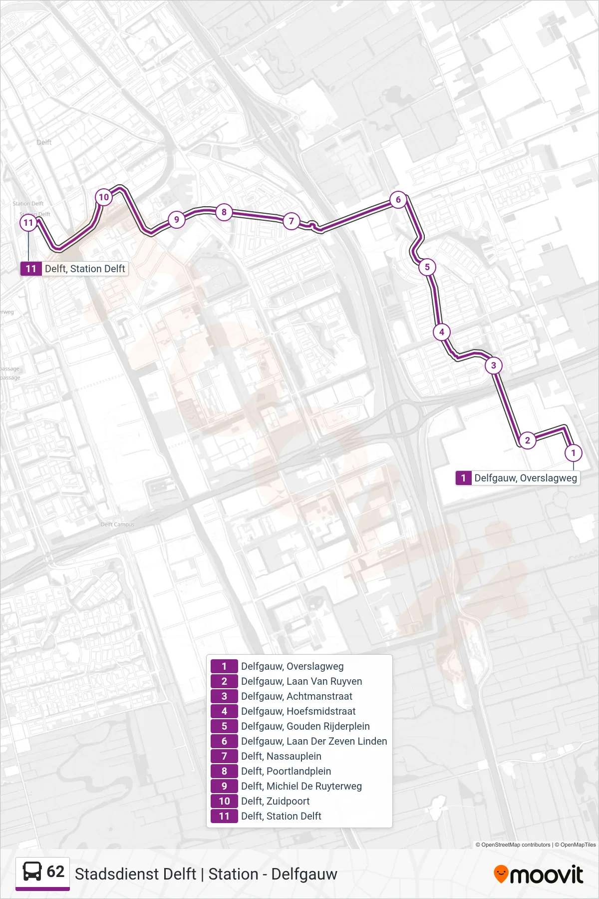 Lijn 62 (bus, Delft Station): route en haltes op de kaart