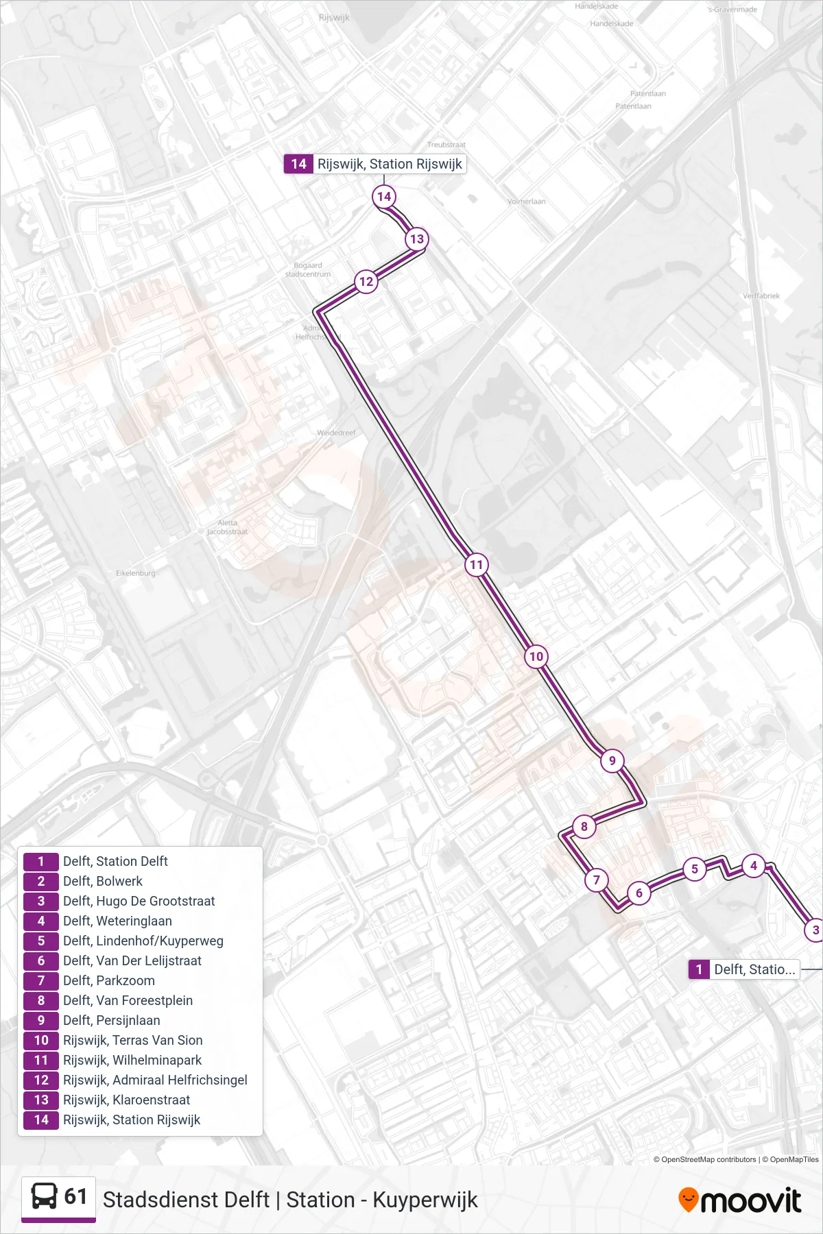 Lijn 61 (bus, Rijswijk): route en haltes op de kaart