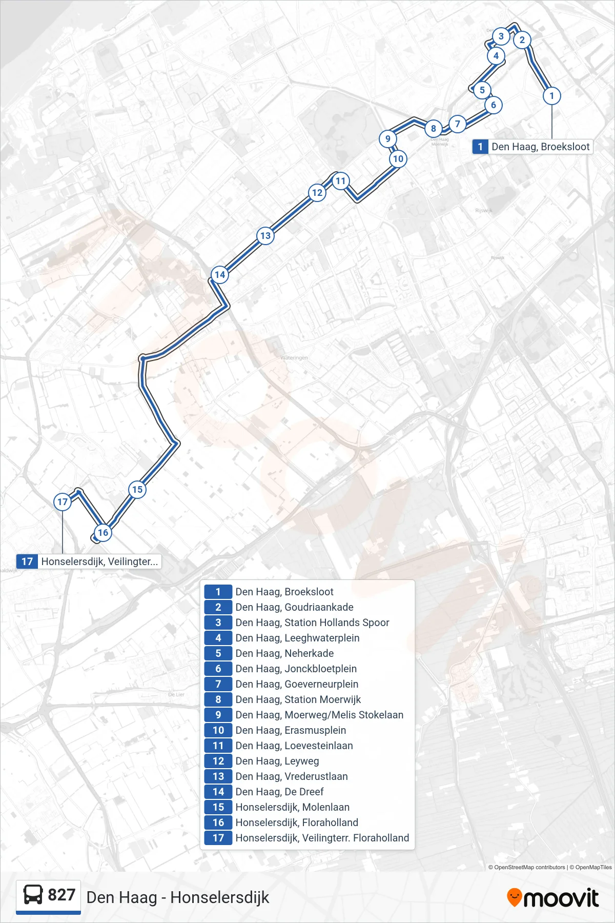 Lijn 827 (bus, Honselersdijk Bloemenveiling): route en haltes op de kaart