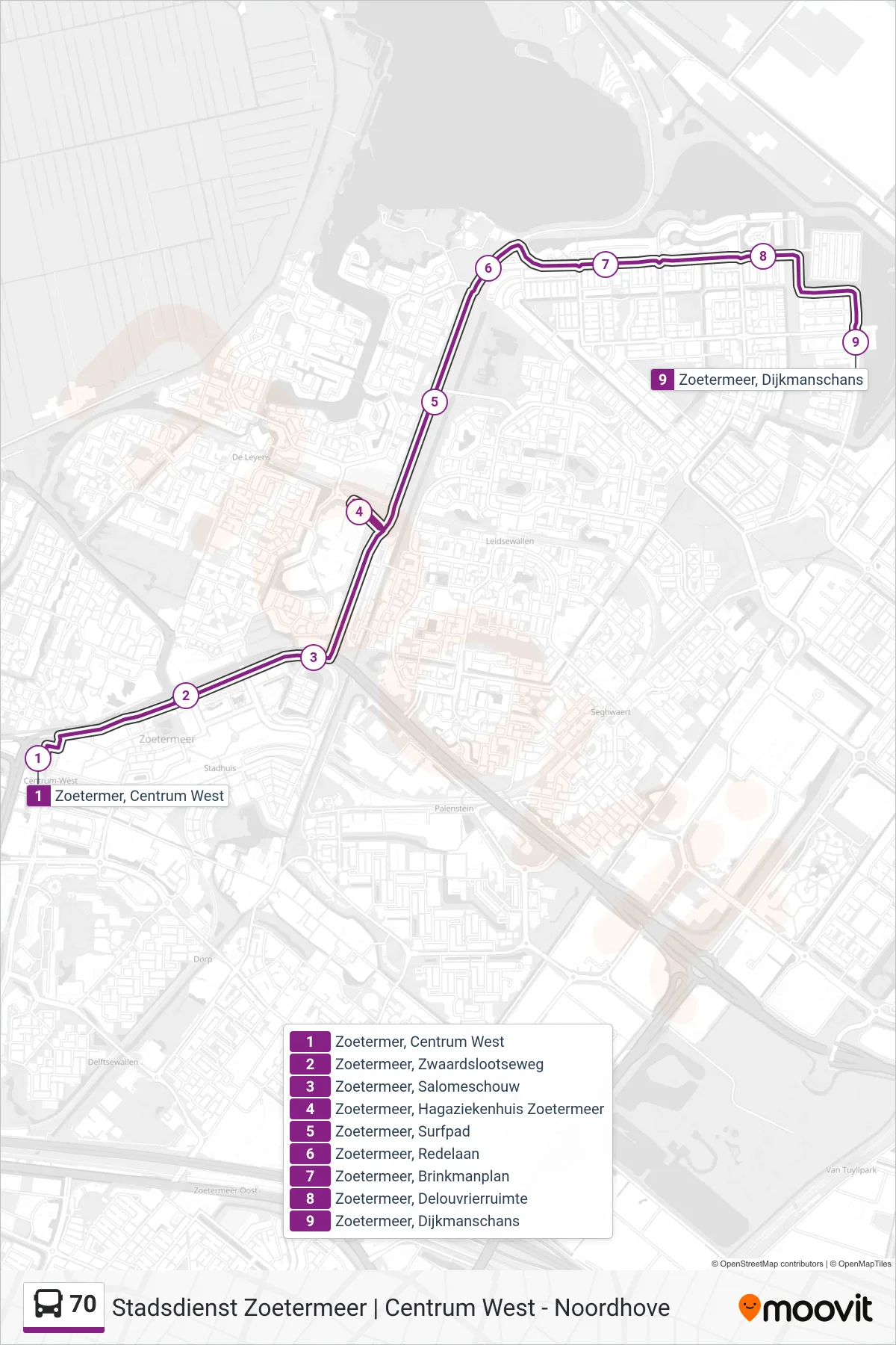 Lijn 70 (bus, Noordhove): route en haltes op de kaart