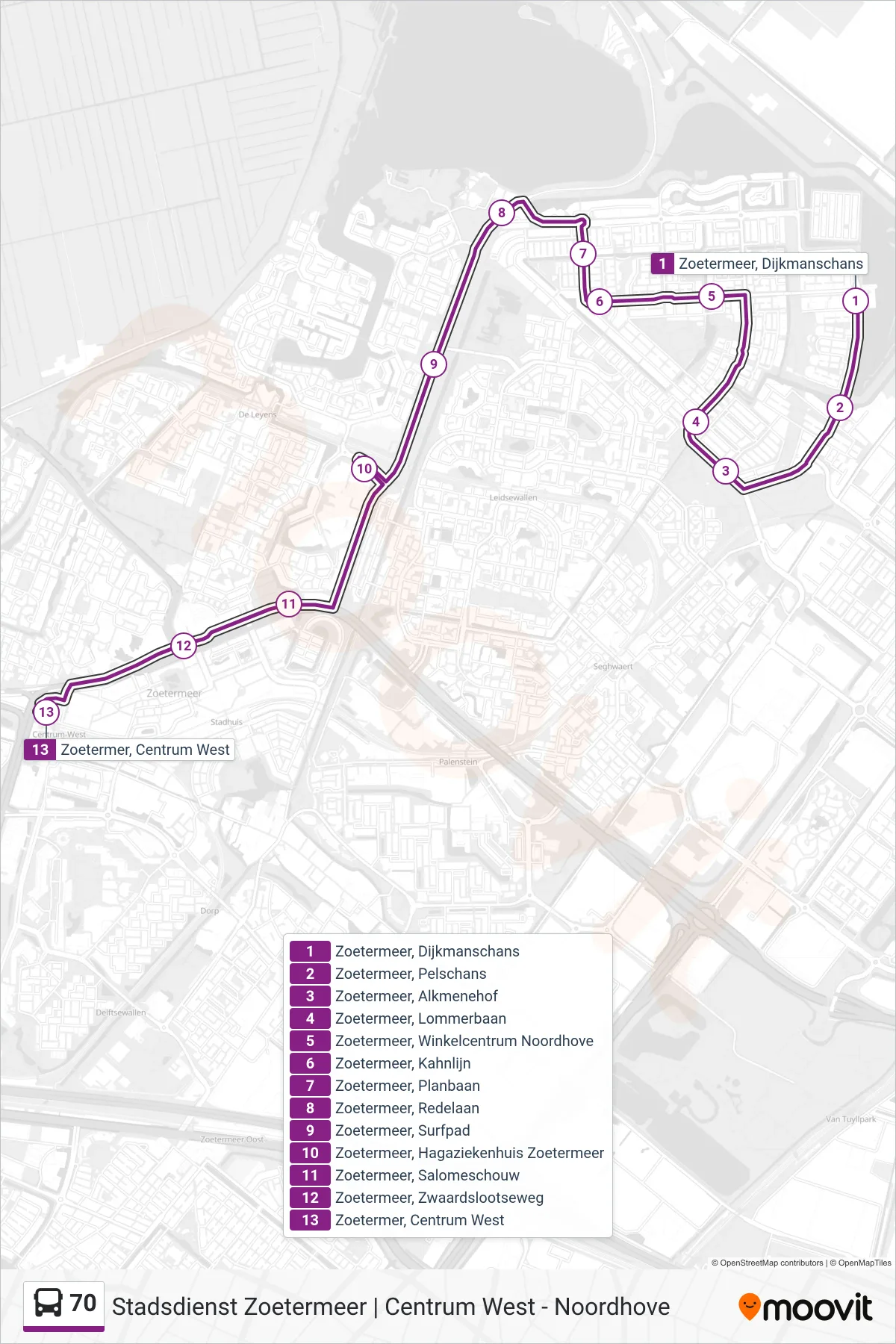 Lijn 70 (bus, Centrum West): route en haltes op de kaart