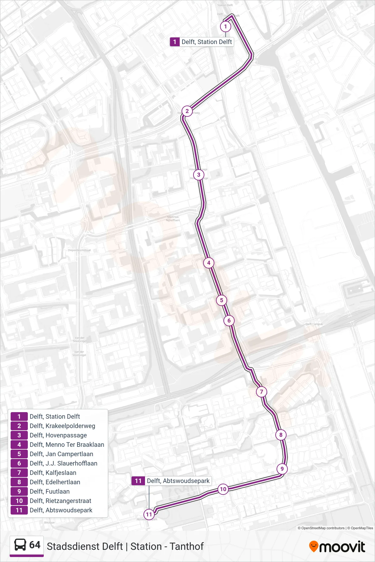 Lijn 64 (bus, Tanthof): route en haltes op de kaart