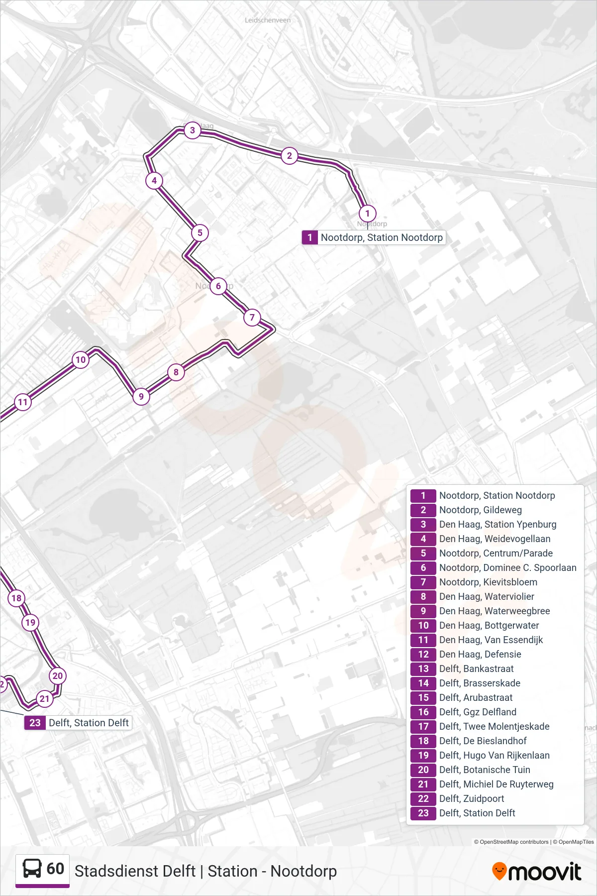 Lijn 60 (bus, Delft Station): route en haltes op de kaart