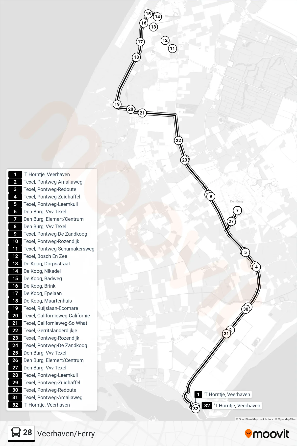 Lijn 28 (bus, Veerhaven/Ferry): route en haltes op de kaart