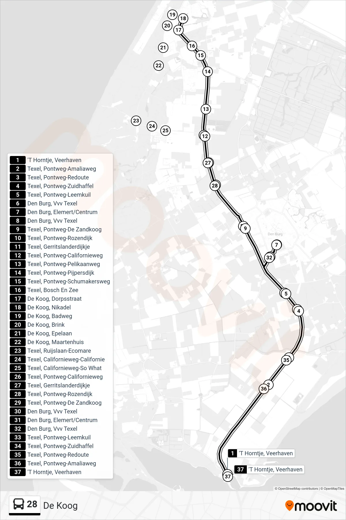 Lijn 28 (bus, De Koog): route en haltes op de kaart