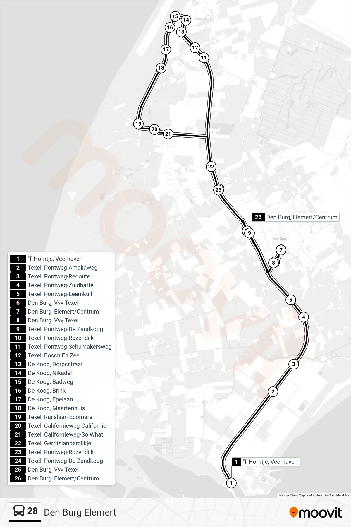 Lijn 28 (bus, Den Burg Elemert): route en haltes op de kaart