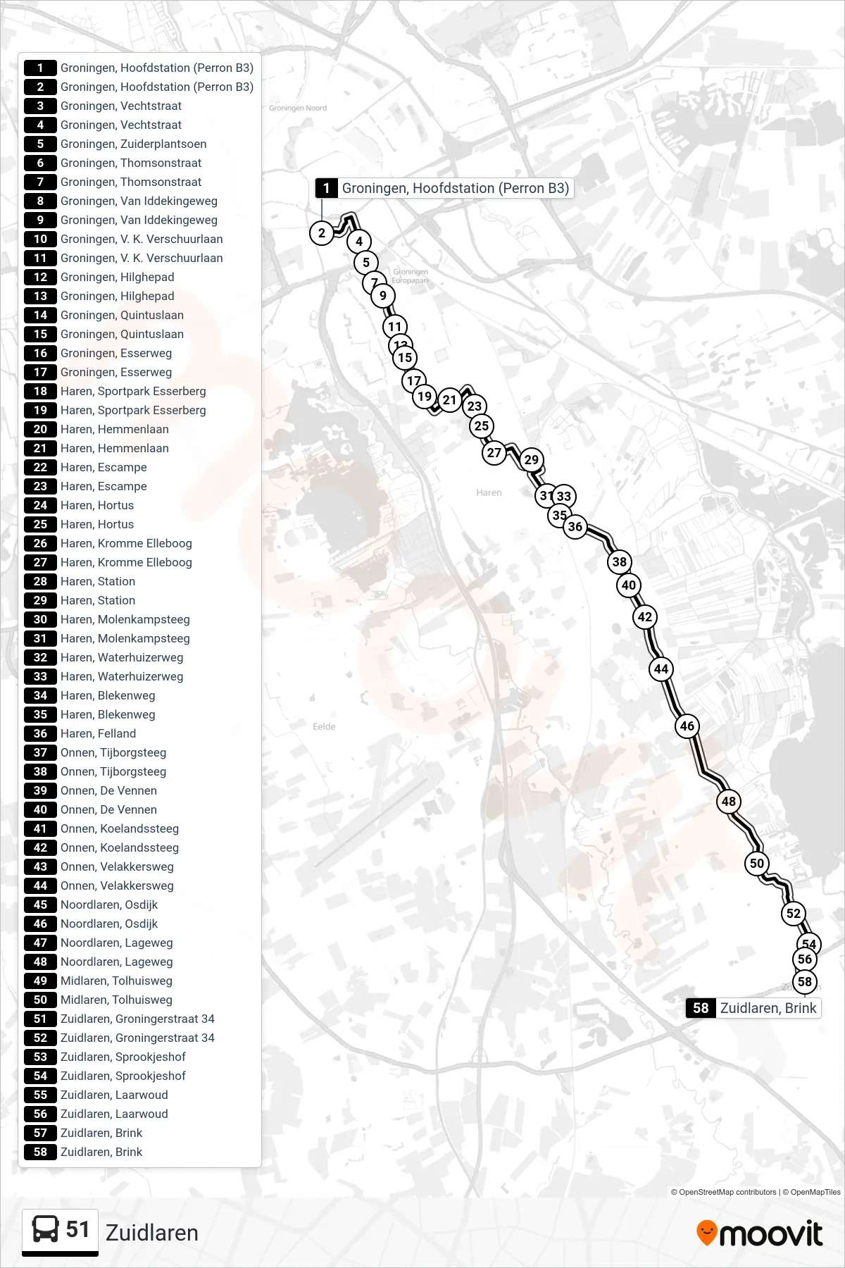 Linie 51 (Bus) Richtung Zuidlaren: Route und Haltestellen auf der Karte