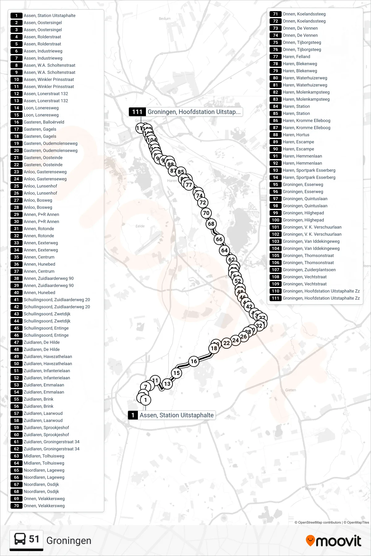 Lijn 51 (bus, Groningen): route en haltes op de kaart