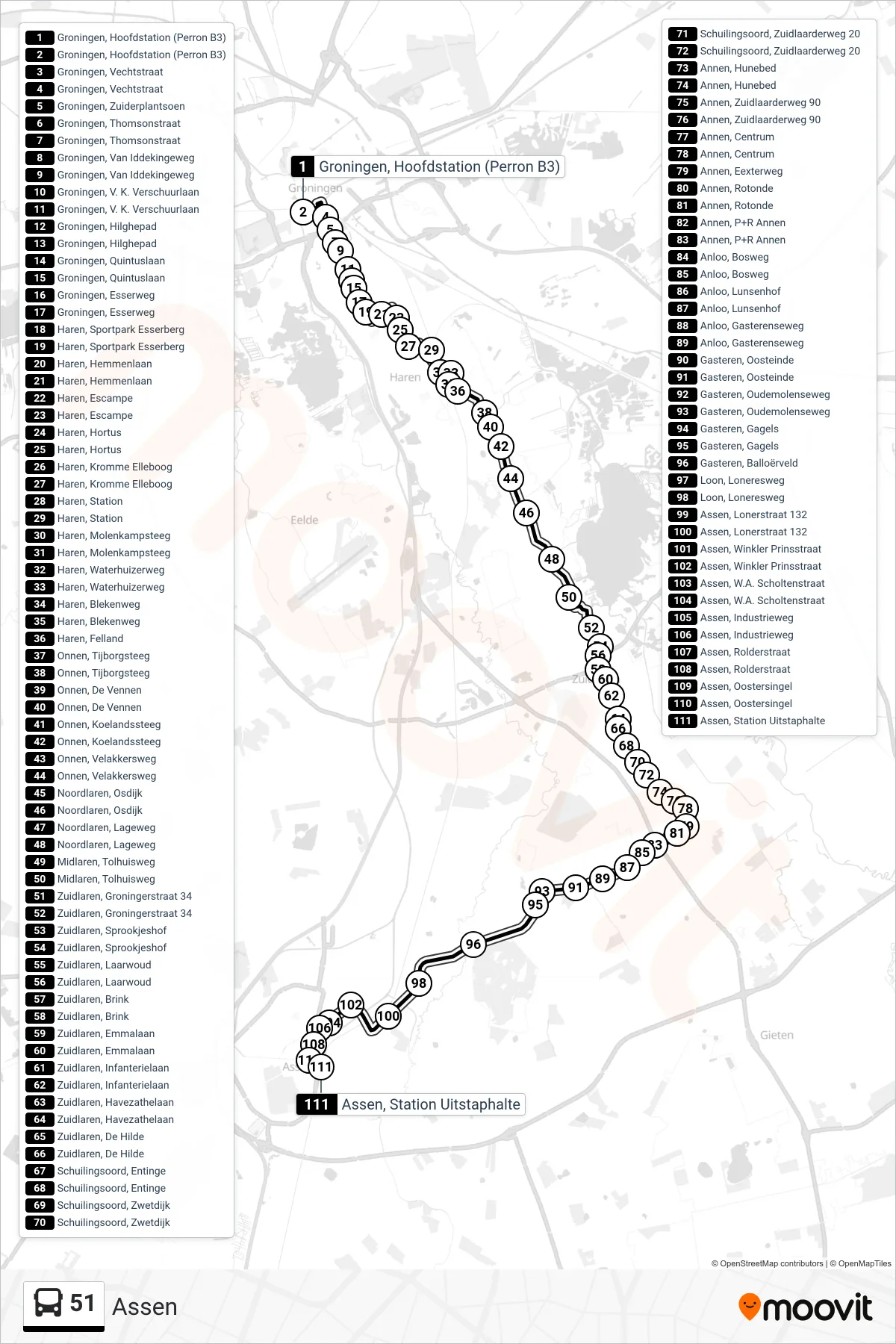 Lijn 51 (bus, Assen): route en haltes op de kaart