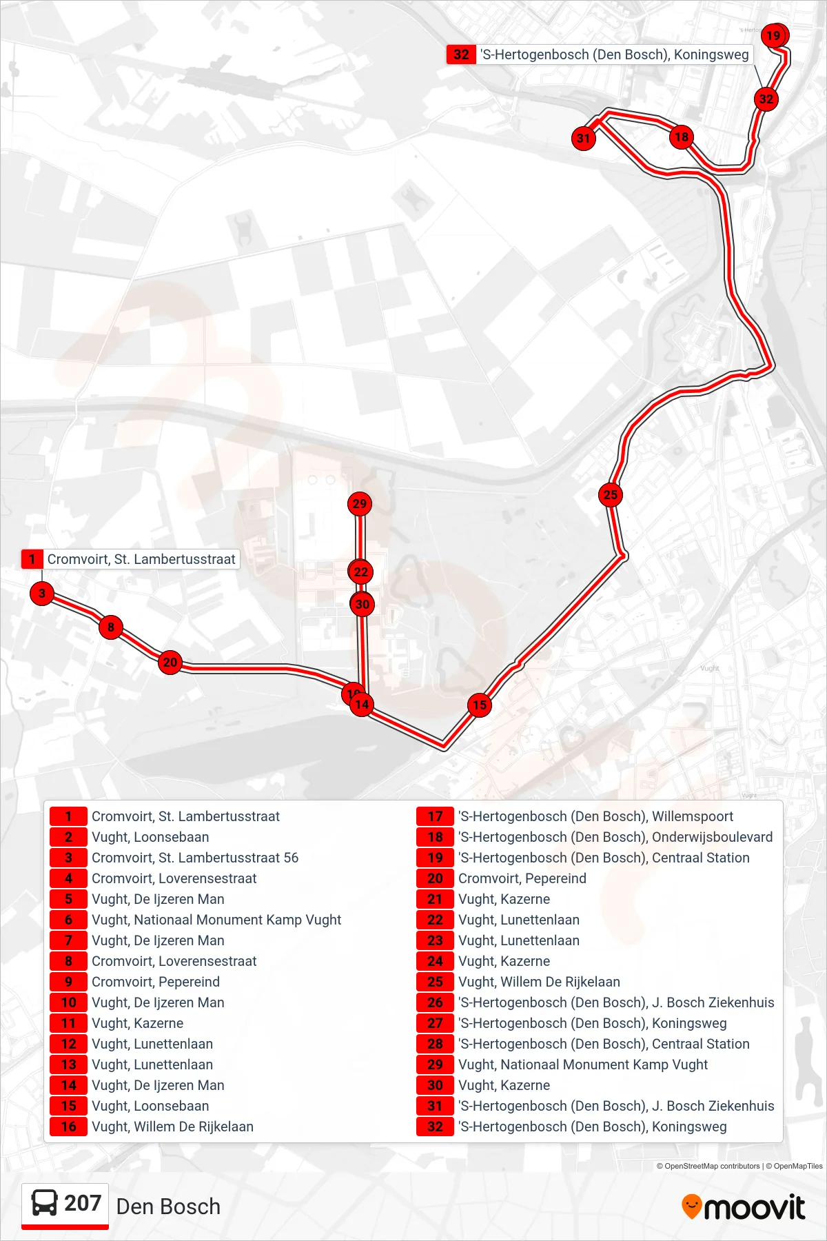 Lijn 207 (bus, Den Bosch): route en haltes op de kaart