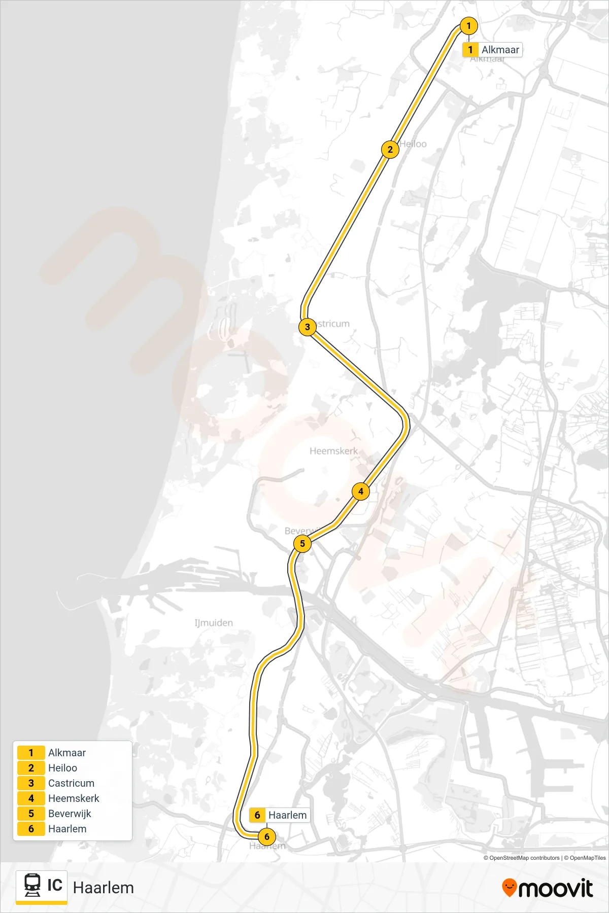 Lijn IC (trein, Haarlem): route en haltes op de kaart