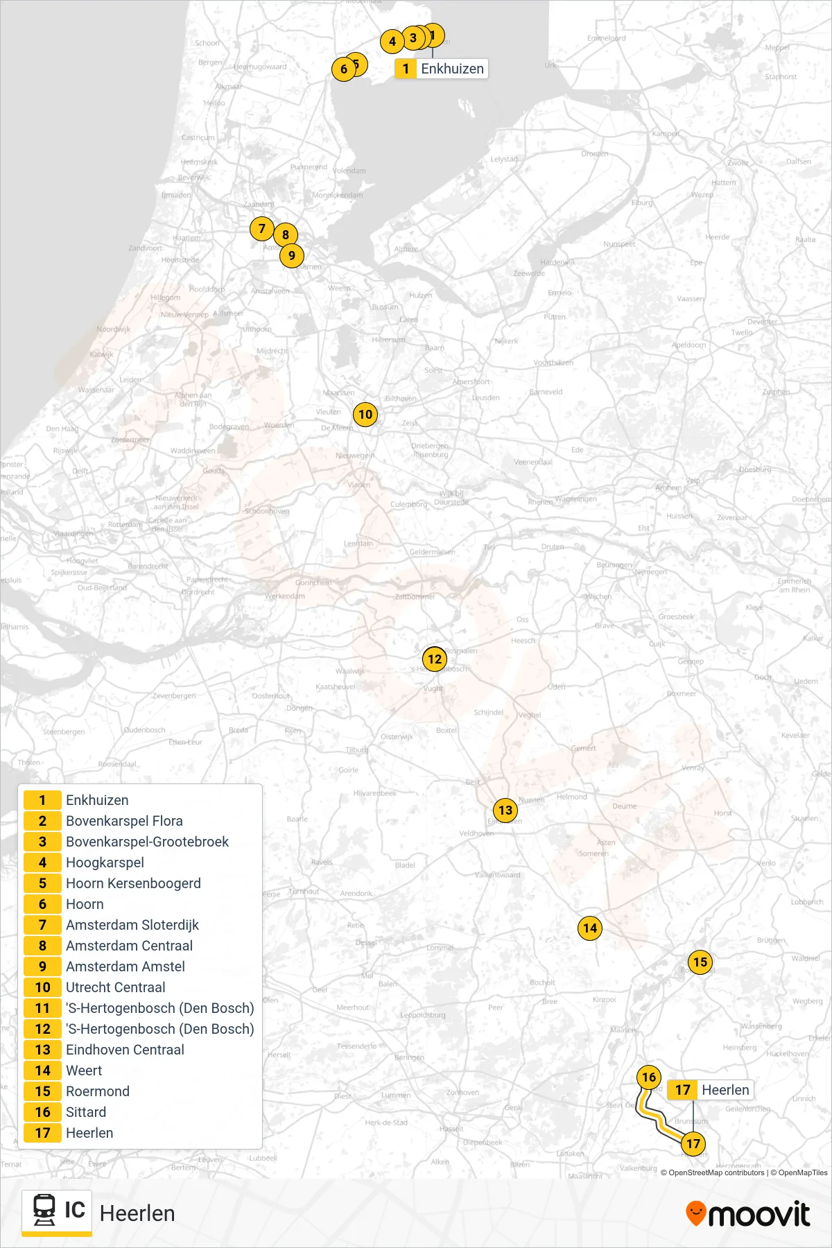 Linie IC (Bahn) Richtung Heerlen: Route und Haltestellen auf der Karte