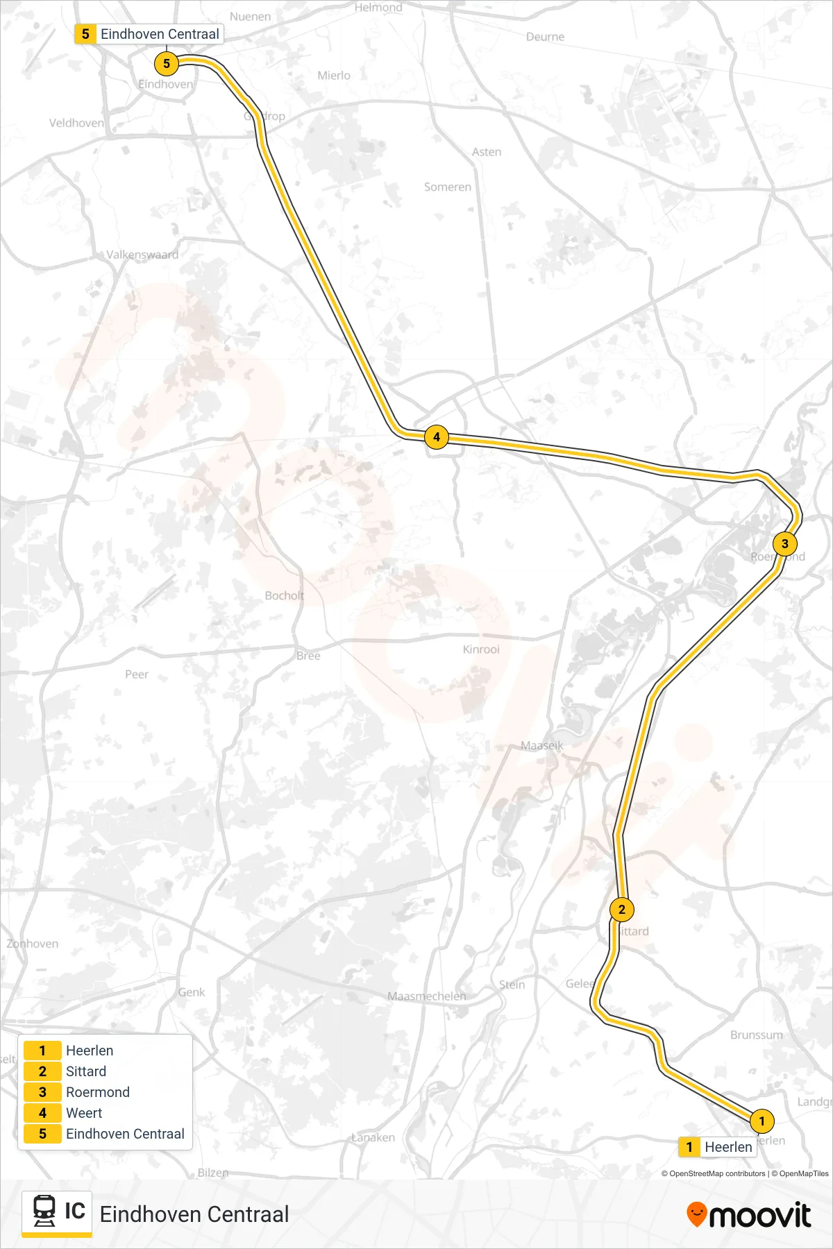 Lijn IC (trein, Eindhoven Centraal): route en haltes op de kaart
