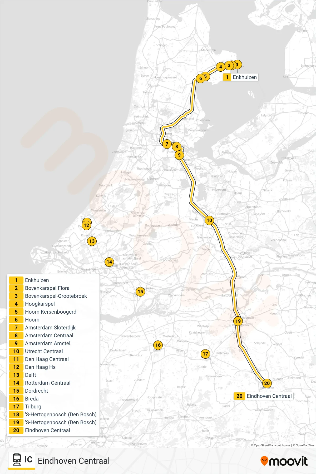 IC train Line (Eindhoven Centraal) route and stops on a map