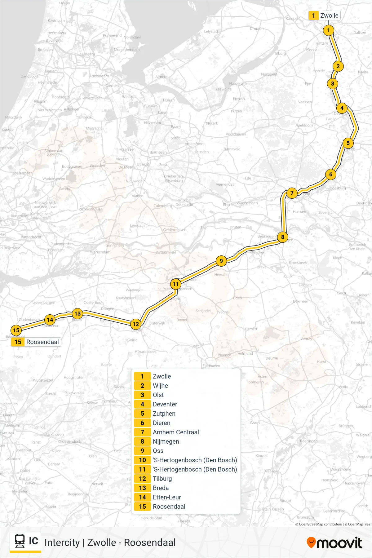 IC rail Line (Roosendaal) route and stops on a map