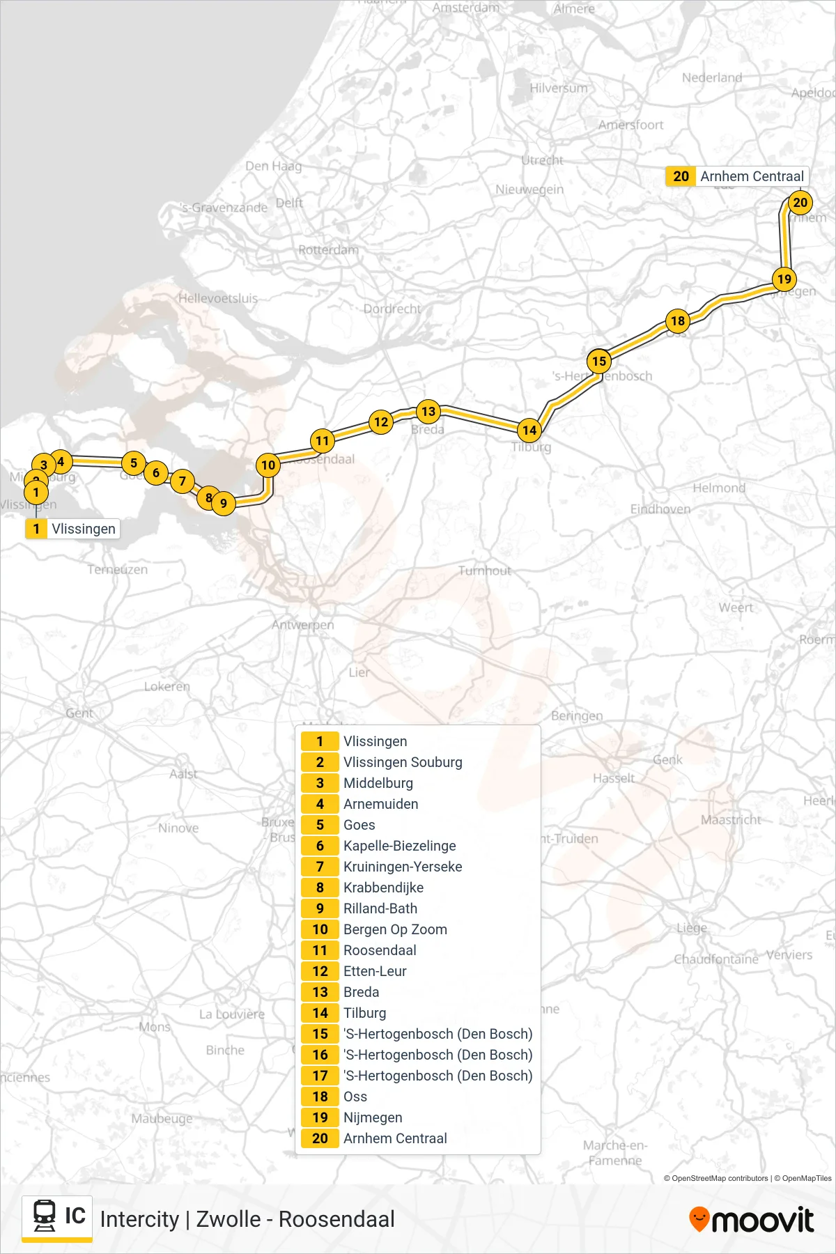Lijn IC (trein, Arnhem Centraal): route en haltes op de kaart