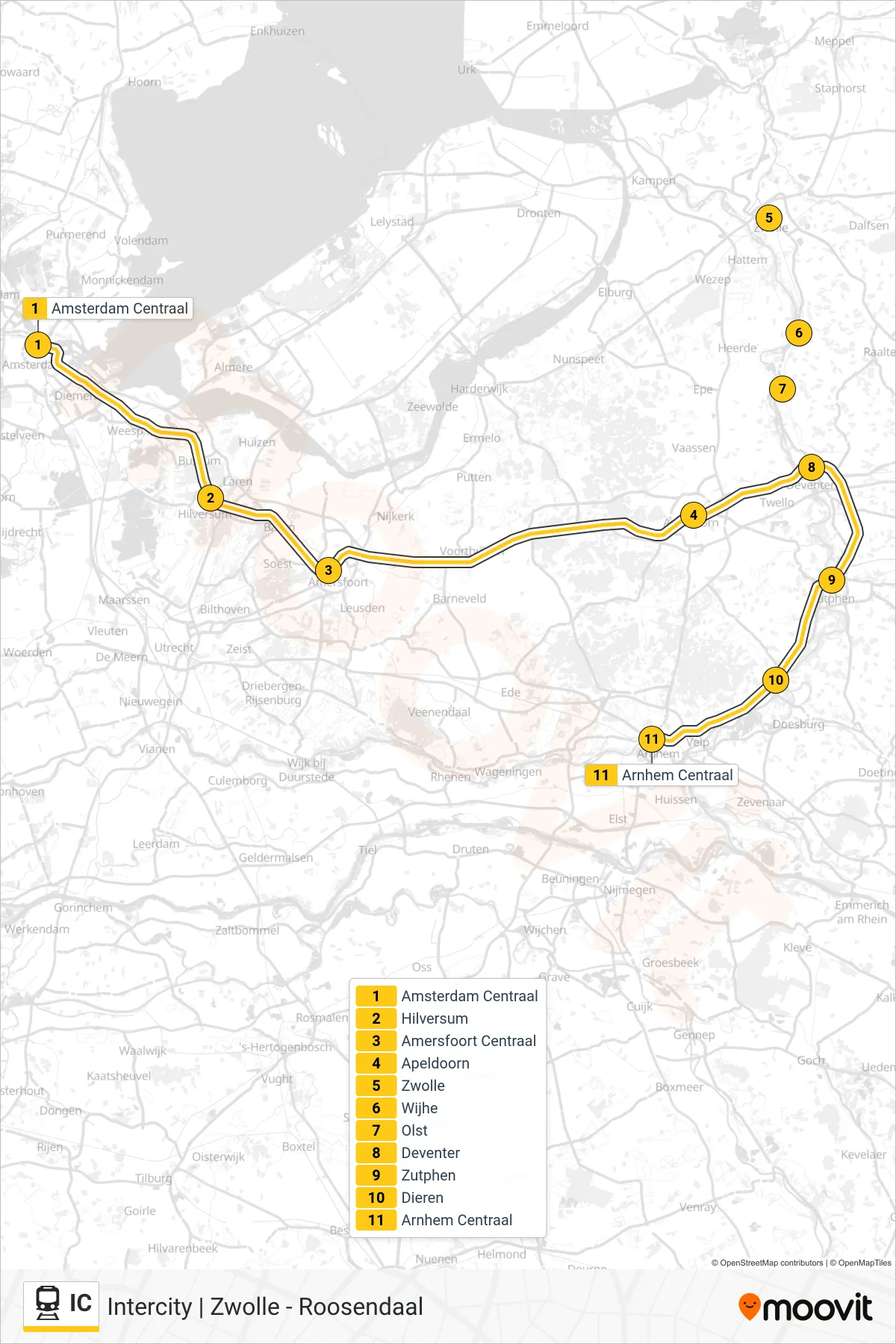 Lijn IC (trein, Arnhem Centraal): route en haltes op de kaart