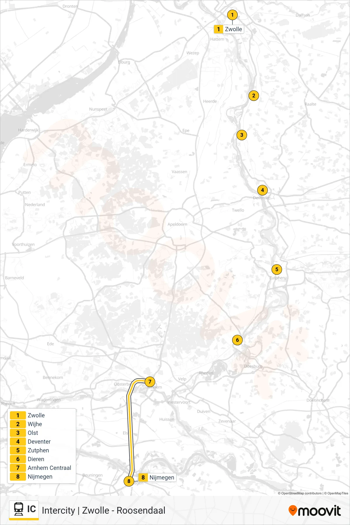 Lijn IC (trein, Nijmegen): route en haltes op de kaart