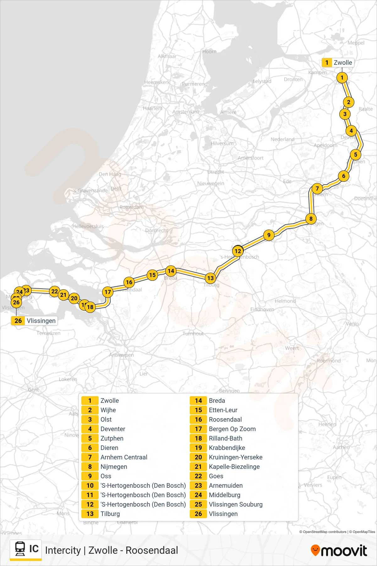 Lijn IC (trein, Vlissingen): route en haltes op de kaart