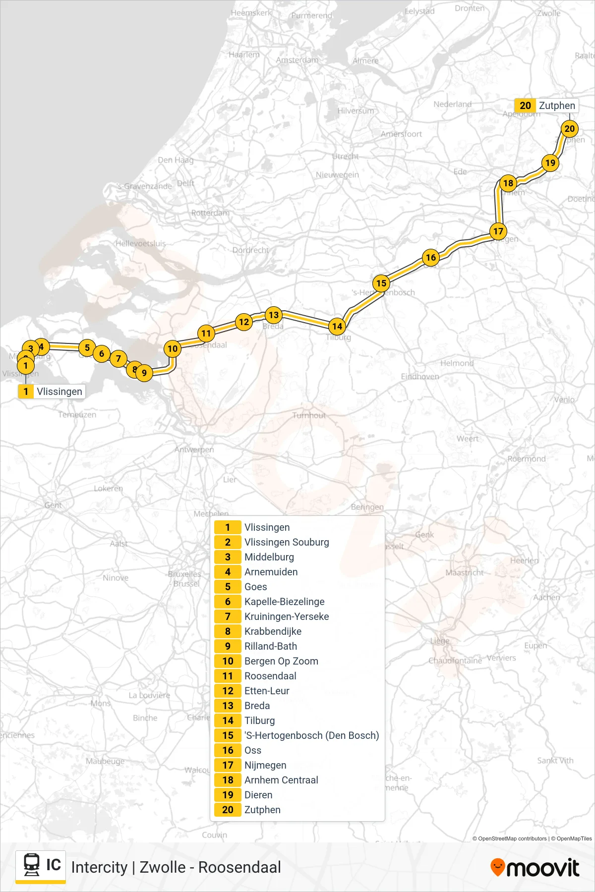 IC rail Line (Zutphen) route and stops on a map
