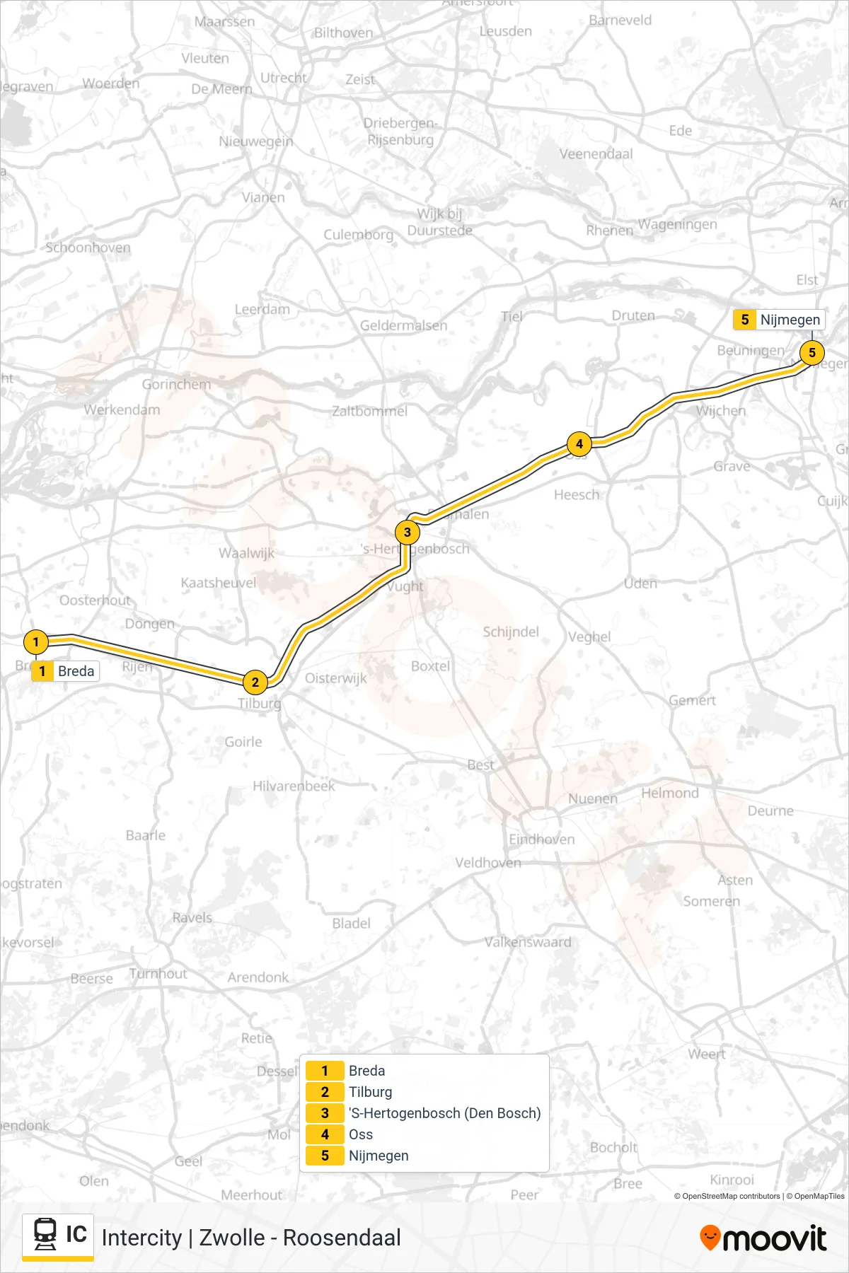 Lijn IC (trein, Nijmegen): route en haltes op de kaart