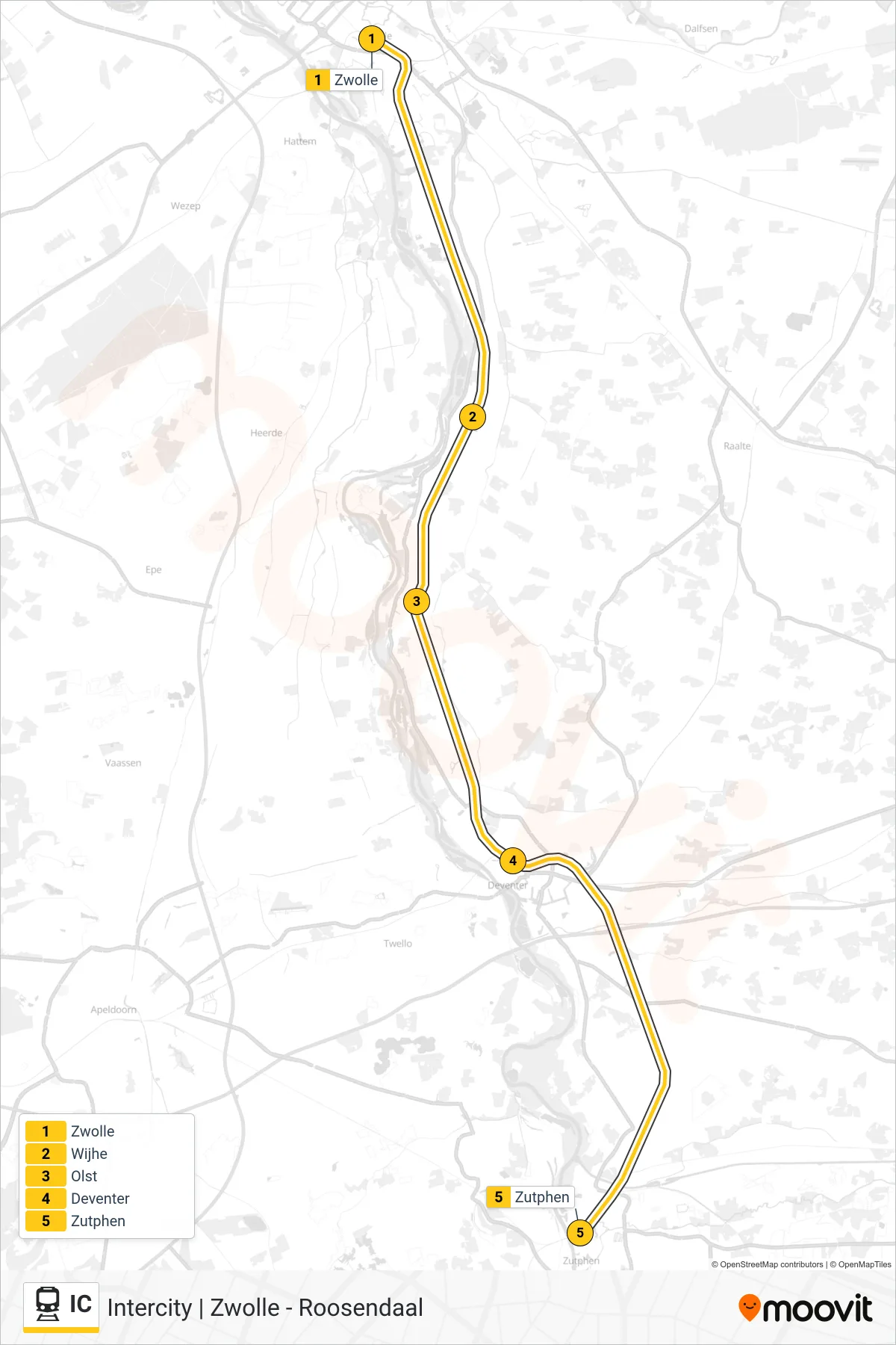 Lijn IC (trein, Zutphen): route en haltes op de kaart